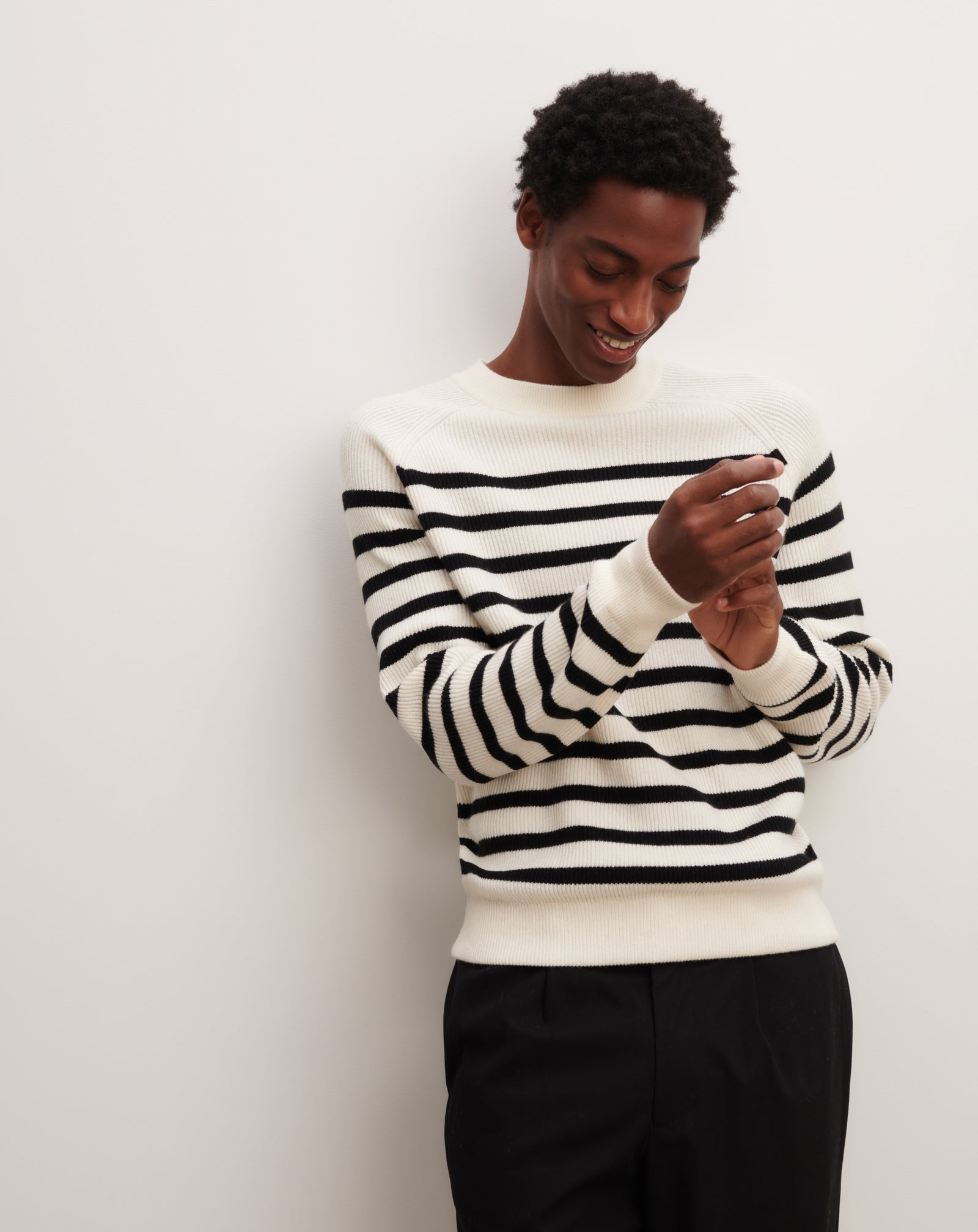 Pull col rond à rayures-NATUREL/NOIR-70% coton bio 30% cachemire