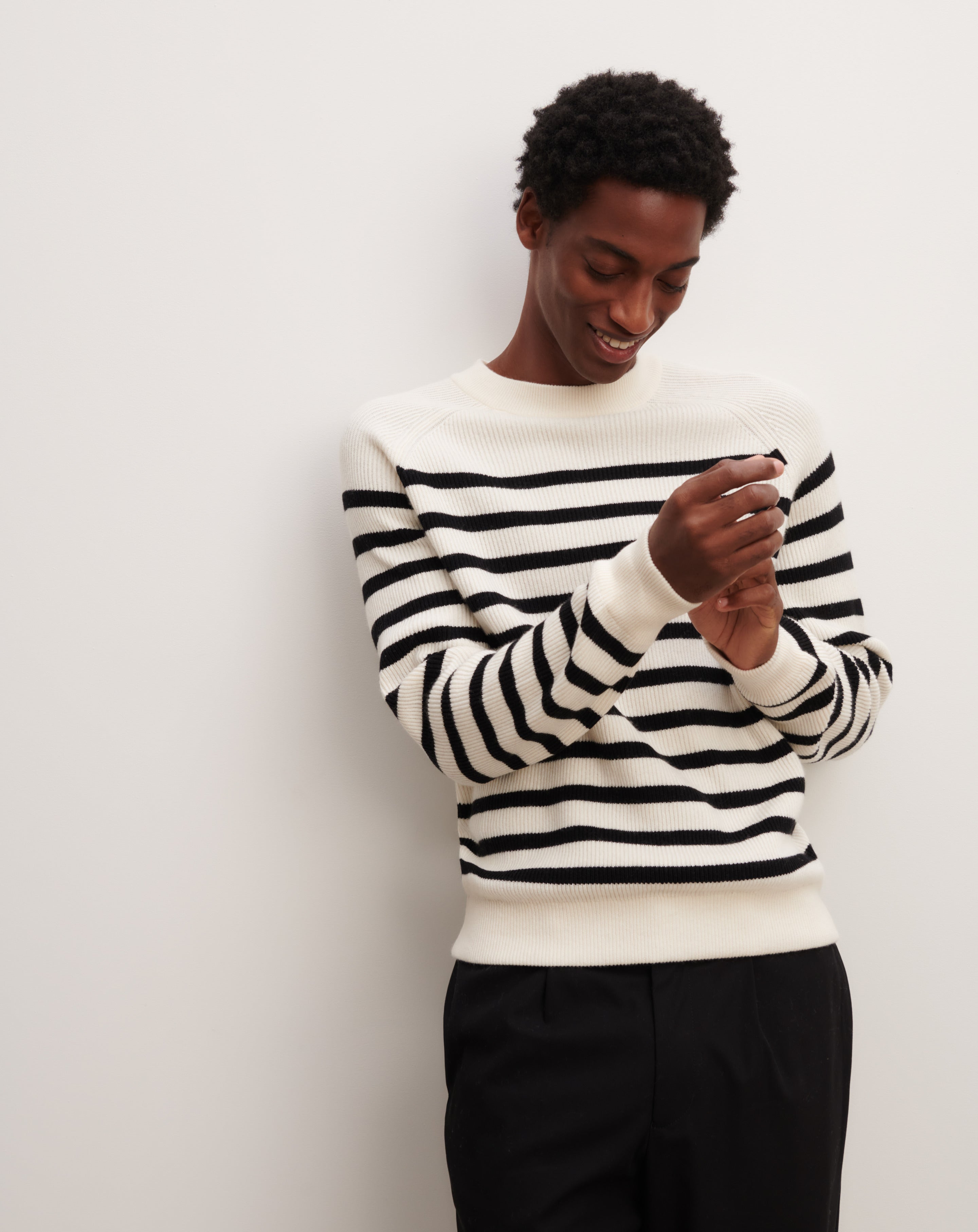 Pull col rond à rayures-NATUREL/NOIR-70% coton bio 30% cachemire