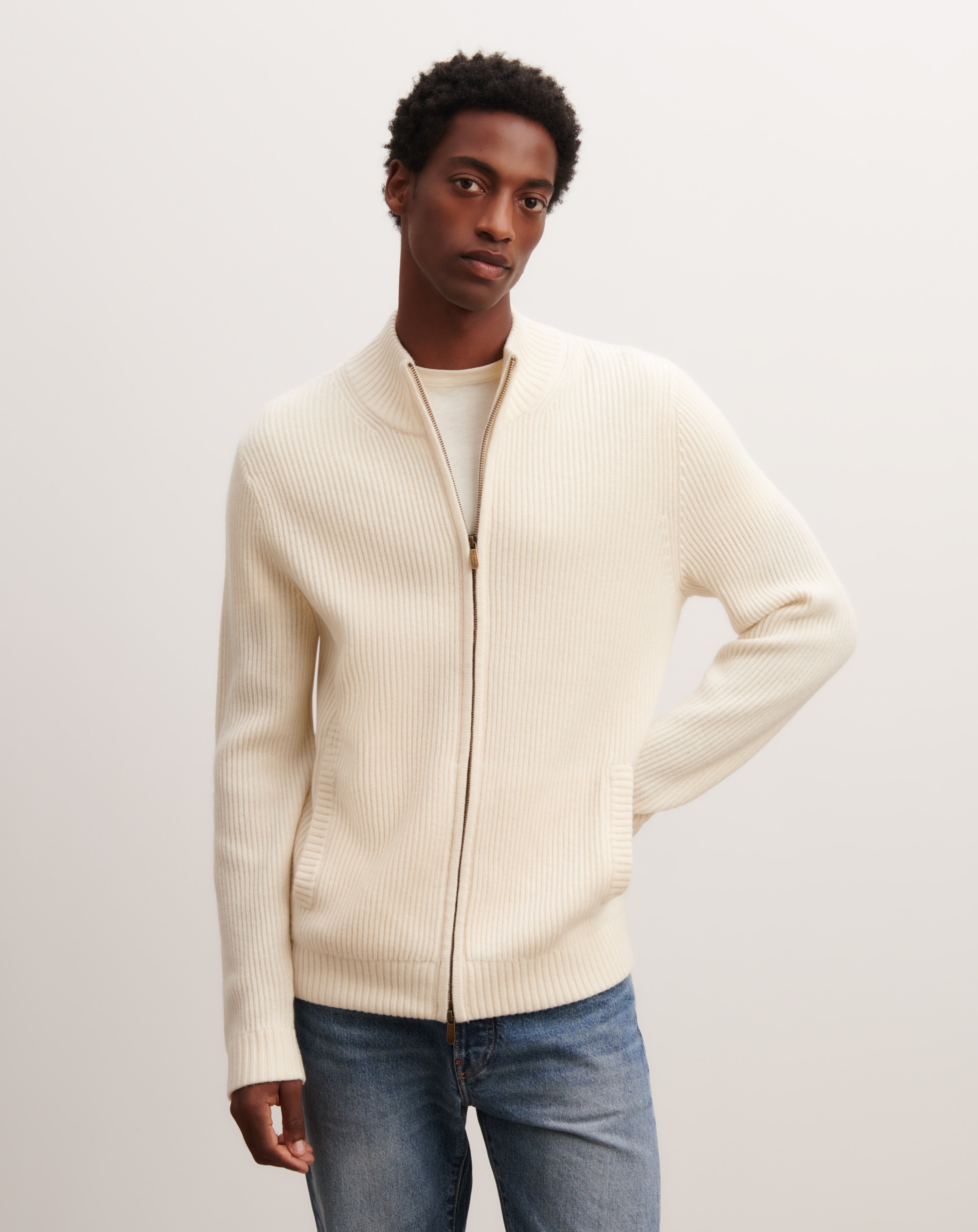 Gilet zippé à côtes-NATUREL-50% cachemire 50% laine