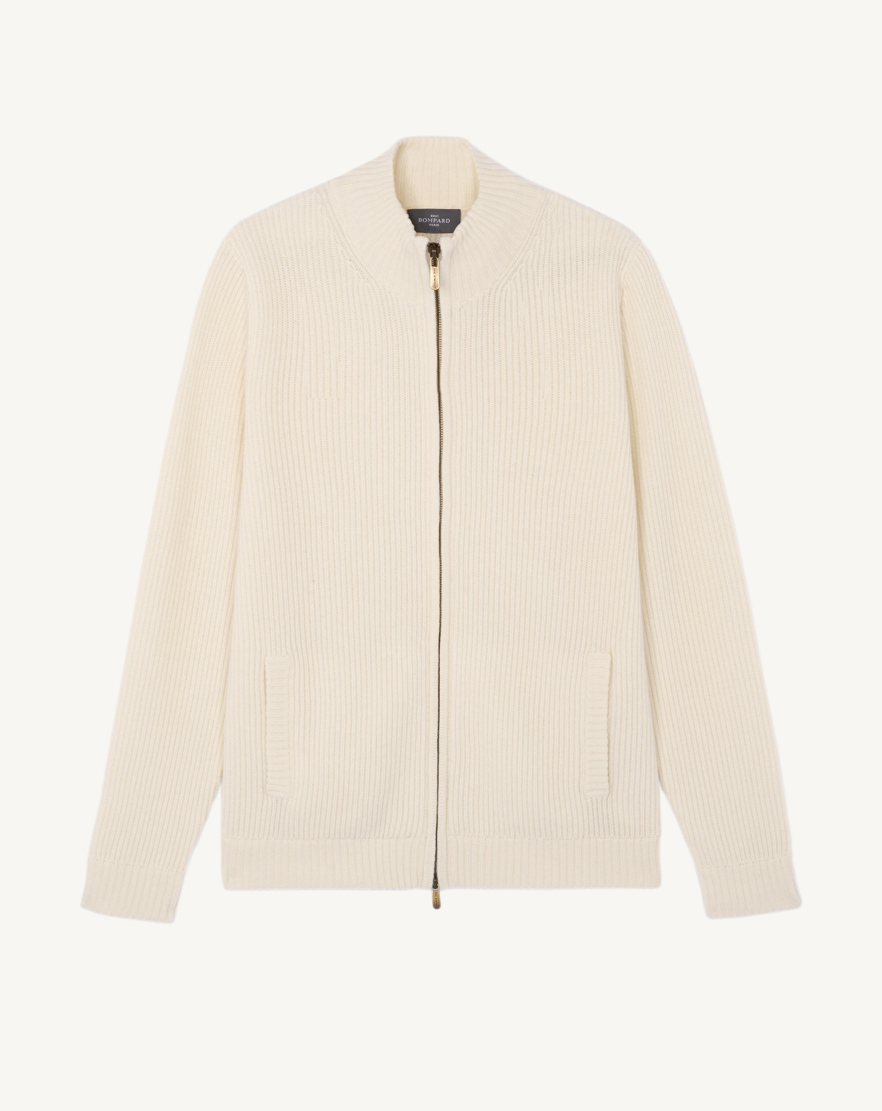 Gilet zippé à côtes-NATUREL-50% cachemire 50% laine