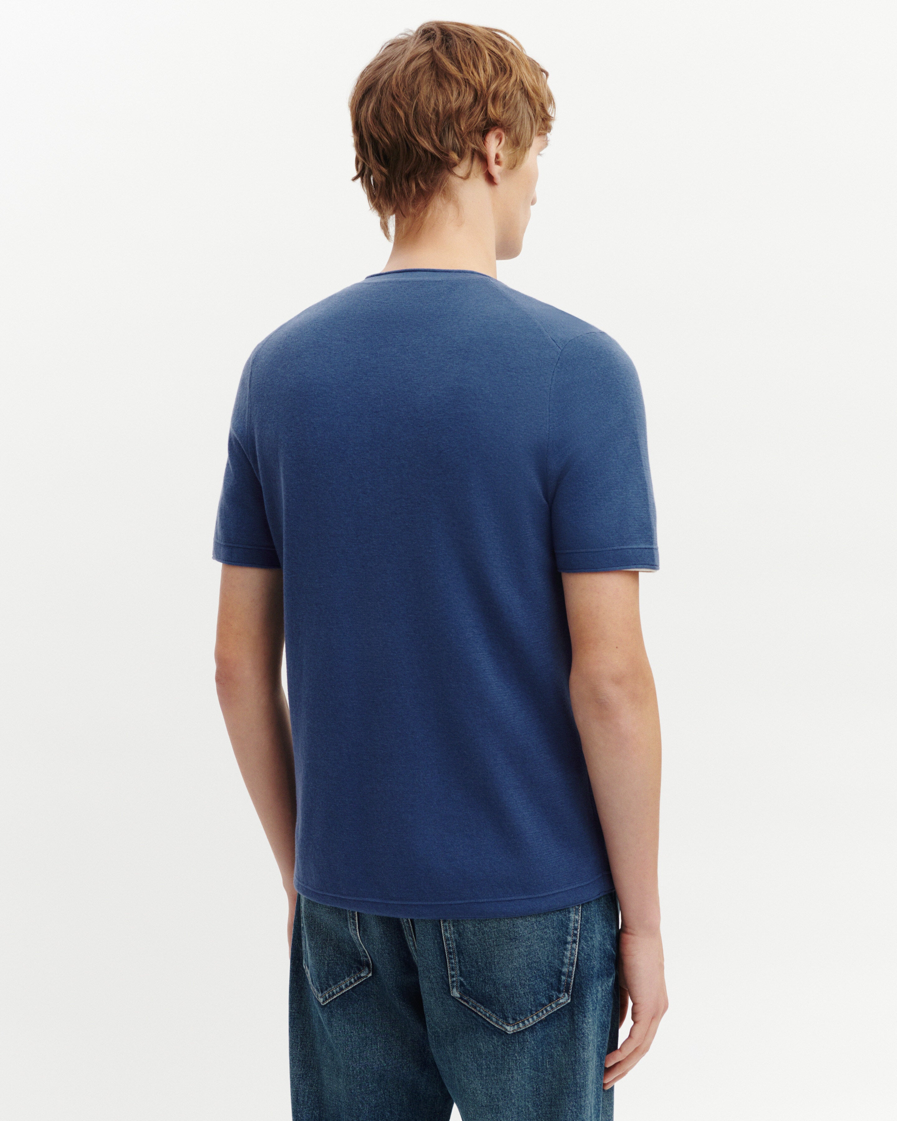 T-shirt col tunisien-BLEU ATLAS-70% coton 30% cachemire