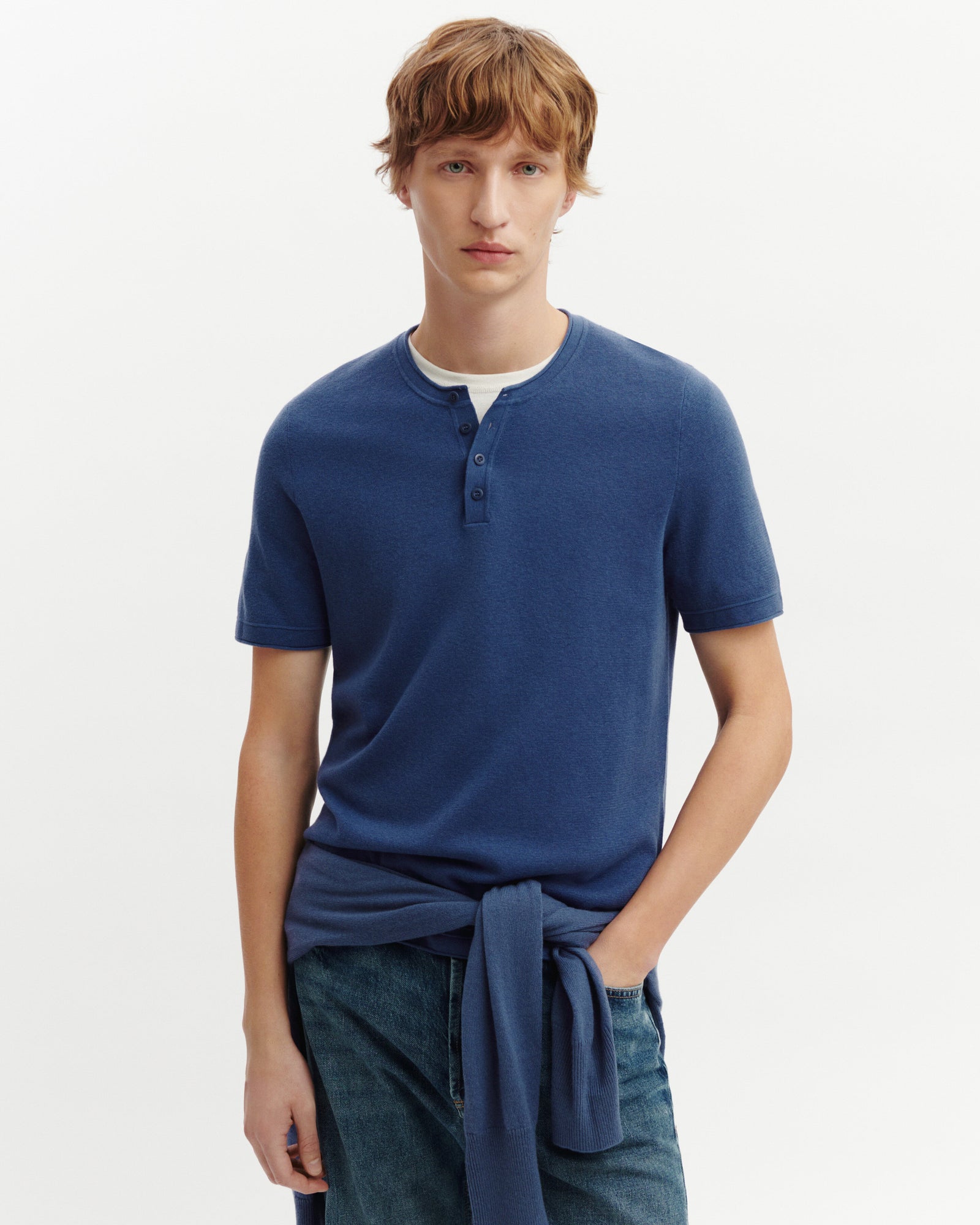 T-shirt col tunisien-BLEU ATLAS-70% coton 30% cachemire