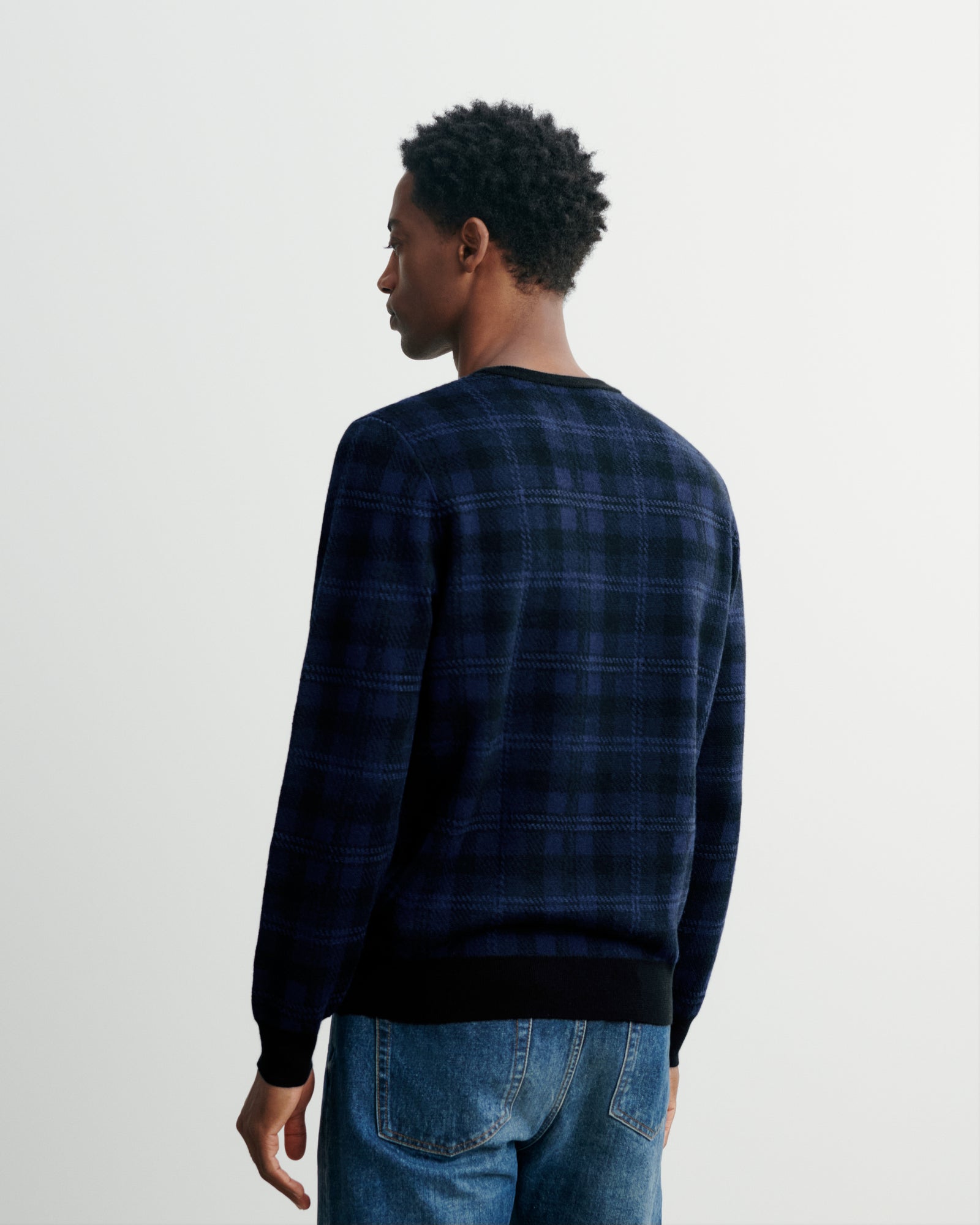 Pull col rond tartan-NOIR/MARINE-88% laine 12% cachemire