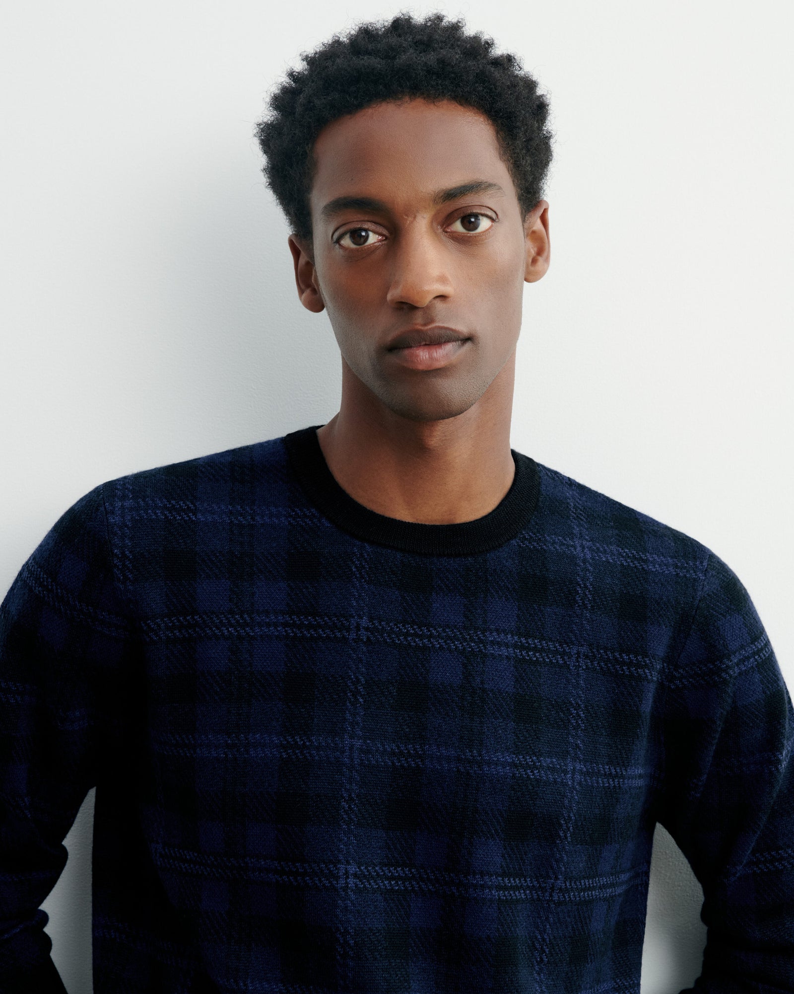 Pull col rond tartan-NOIR/MARINE-88% laine 12% cachemire