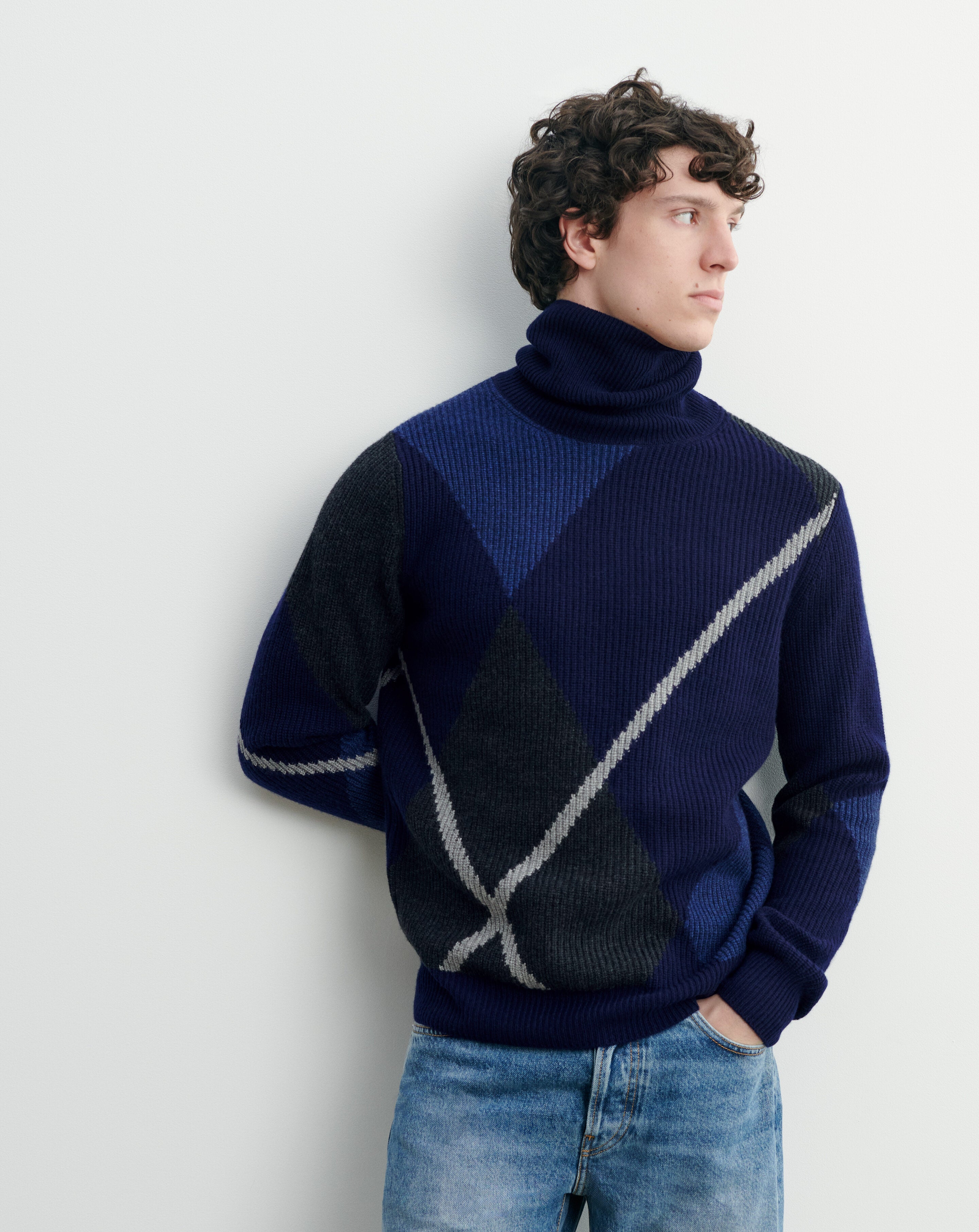 Pull col montant argyle-MARINE-100% cachemire