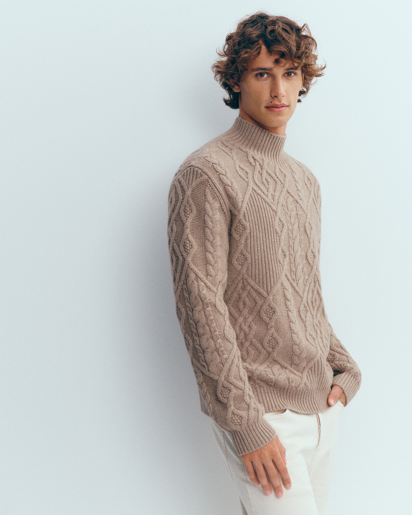 Pull col montant torsadé-GREIGE-100% cachemire