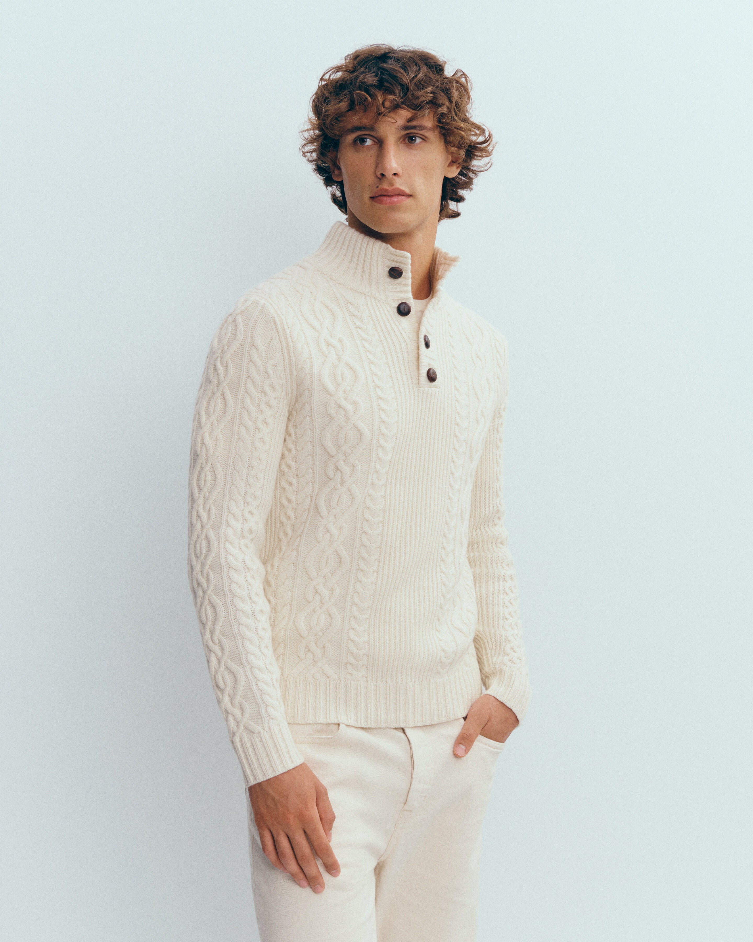 Cable zip-neck pullover in Cashmere Men ecru | Eric Bompard