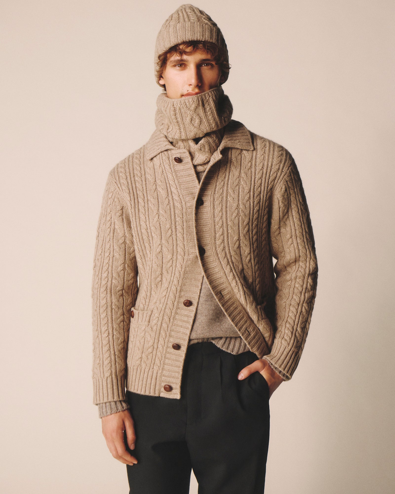 Cardigan à torsades-GREIGE-100% cachemire