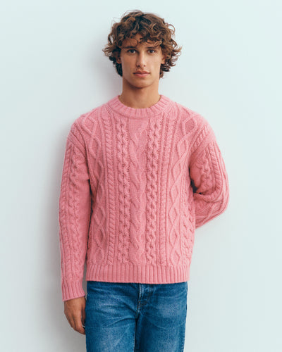 Pull col rond à torsades les 40 ans-ROSE CAMEO-100% cachemire