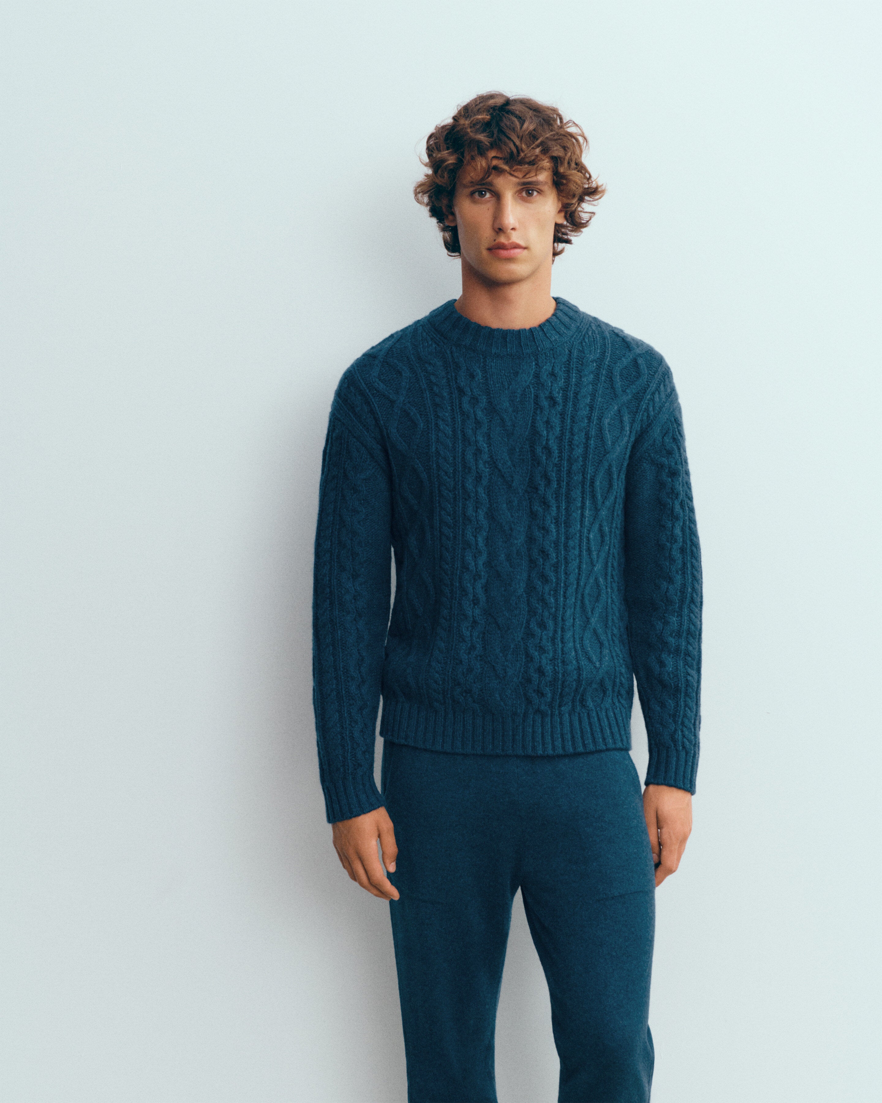 Pull col rond à torsades les 40 ans-BLEU CALYPSO-100% cachemire