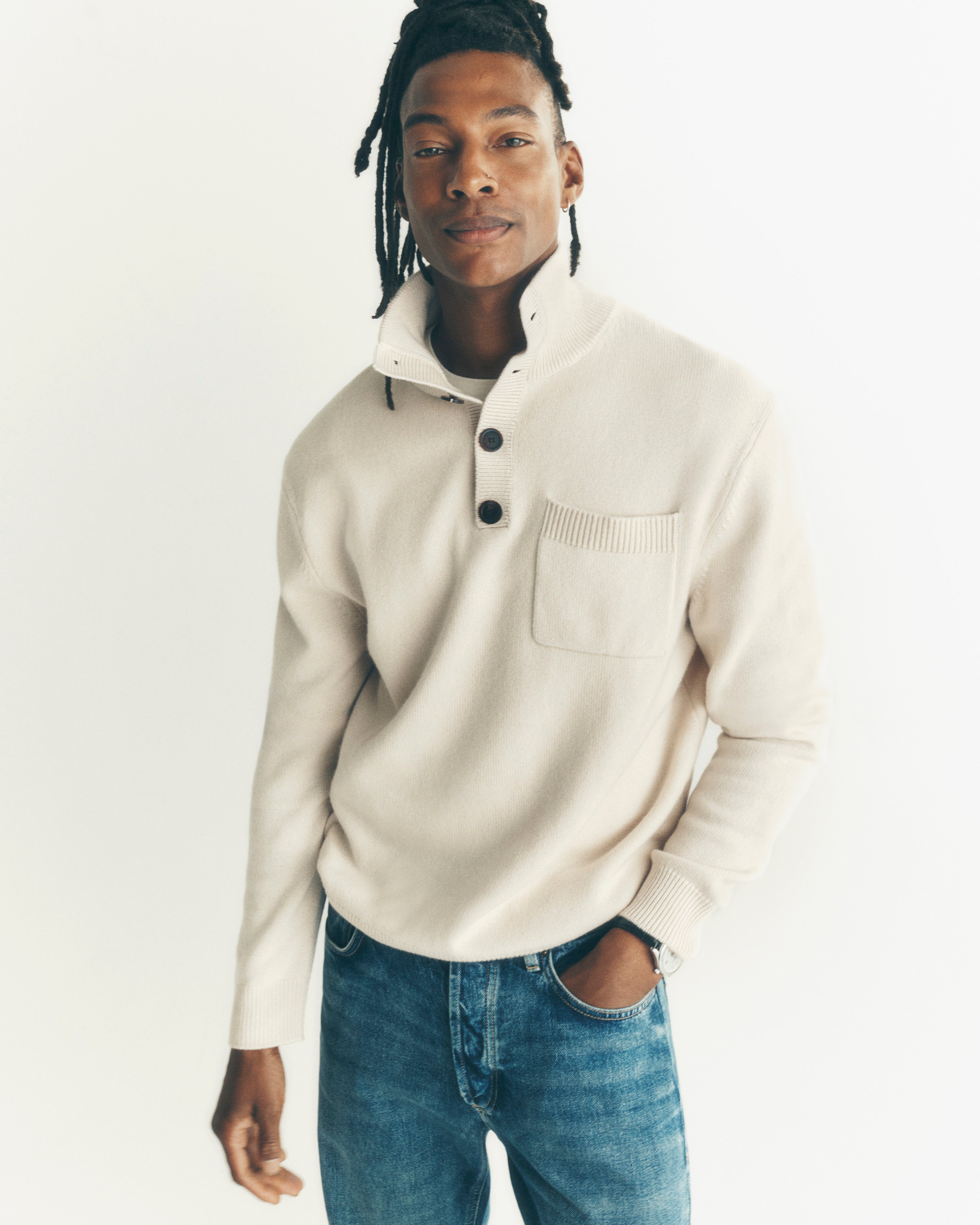 トップス Boucle Yarn Trimming Big Pocket Pullover Buttoned high neck pullover in Cashmere, Silk Men cream | Eric Bompard