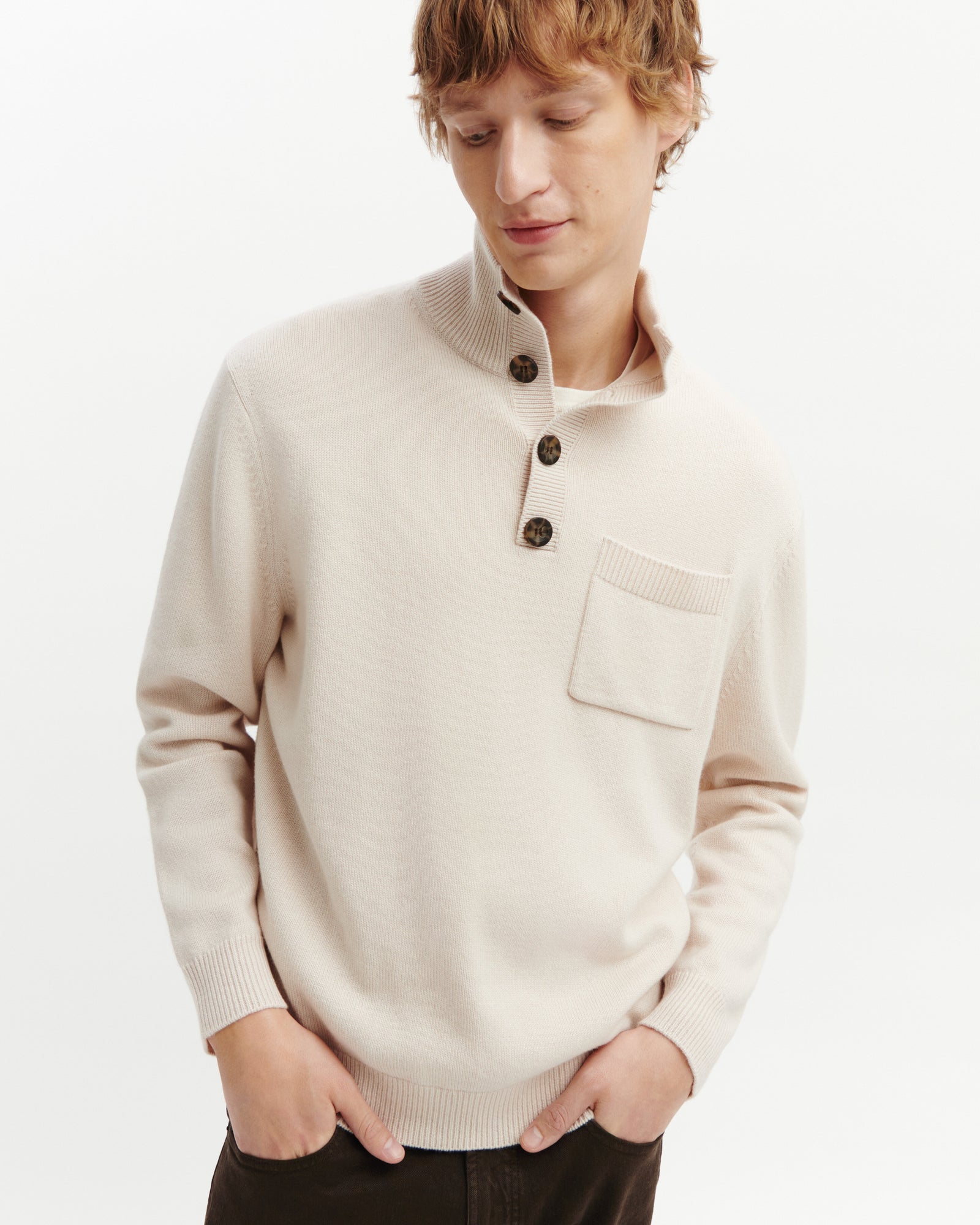 Pull col montant boutonné-CREAM-70% cachemire 30% soie