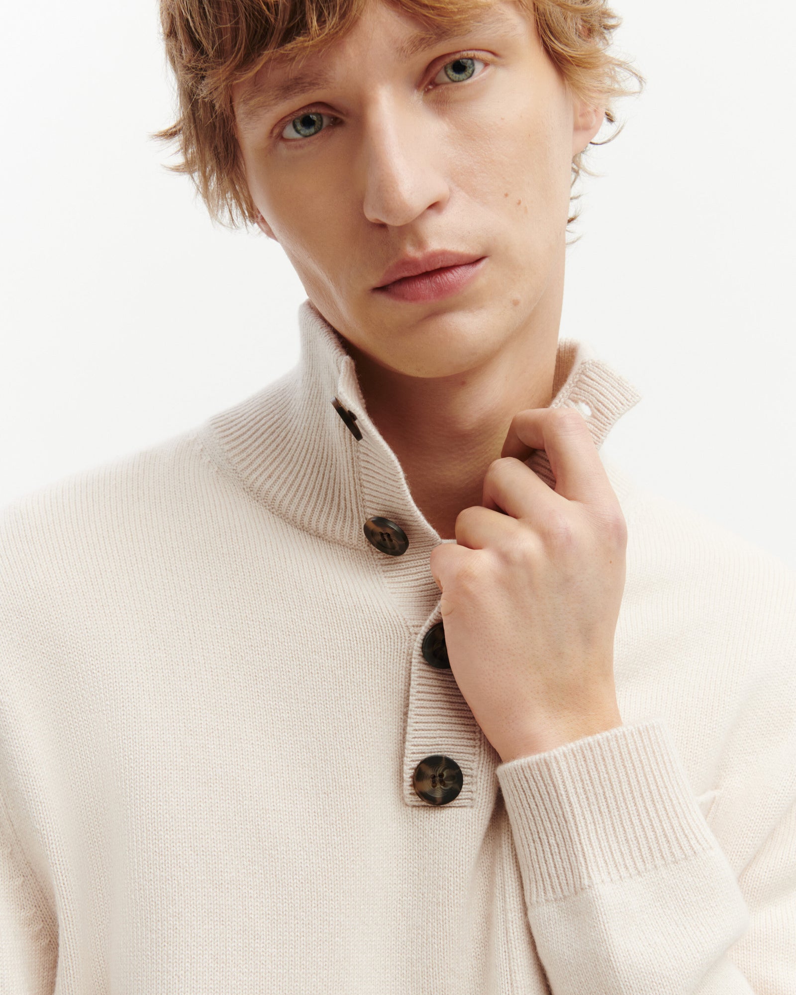 Pull col montant boutonné-CREAM-70% cachemire 30% soie