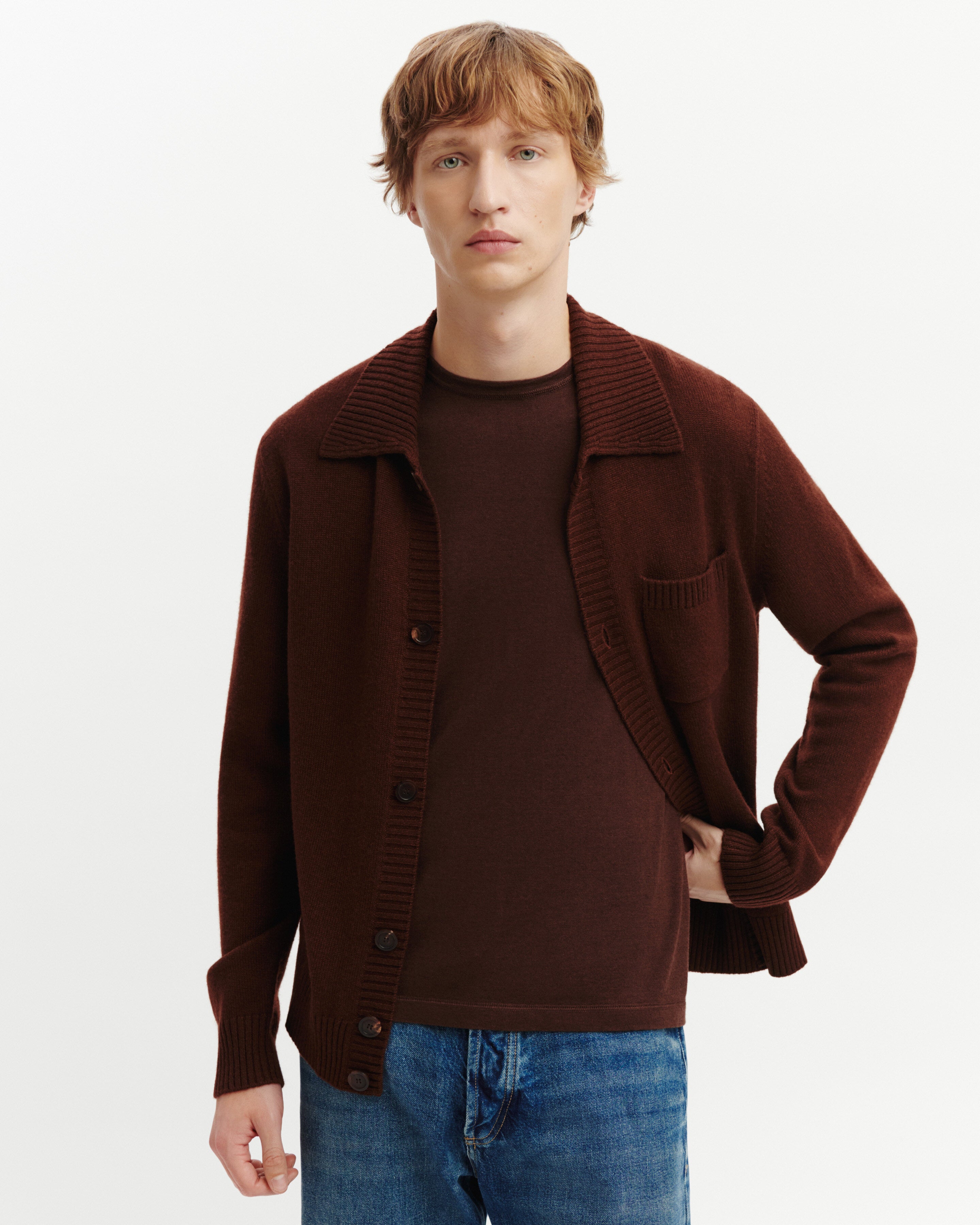 Cardigan col chemise-CAFE-70% cachemire 30% soie