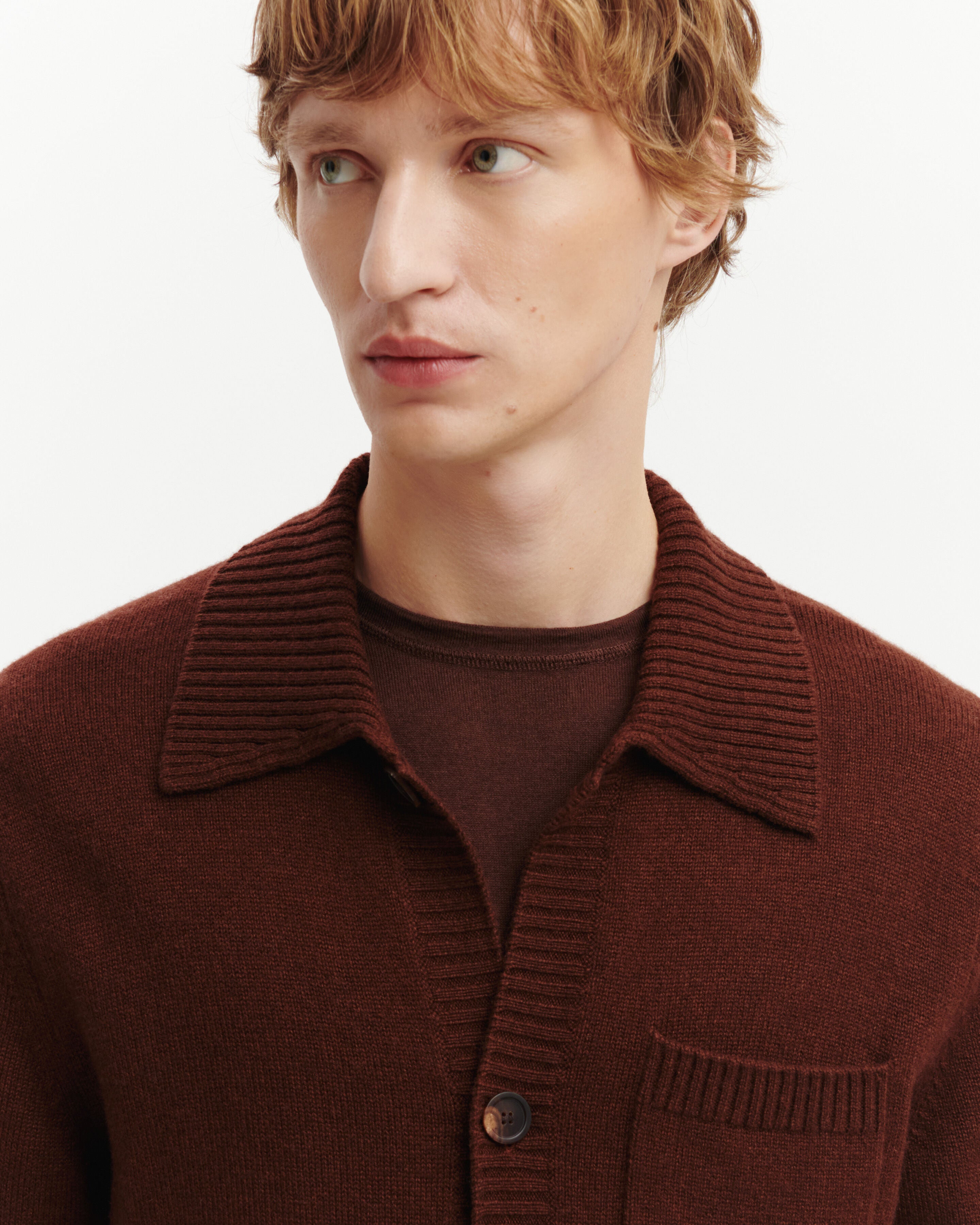 Shirt-collar cardigan in Cashmere, Silk Men coffee | Eric Bompard