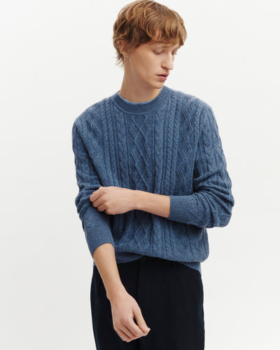 Pull col rond à torsades-BLEU AVERSE-100% cachemire