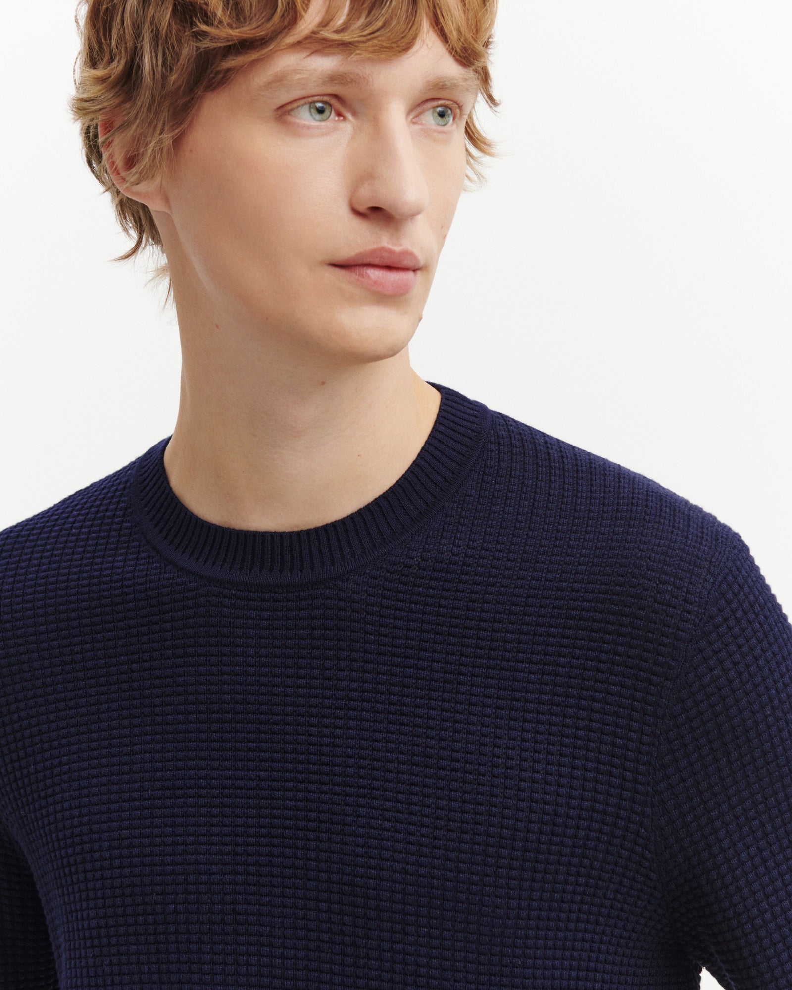 Col rond point gaufré-MARINE-50% soie 50% pima coton