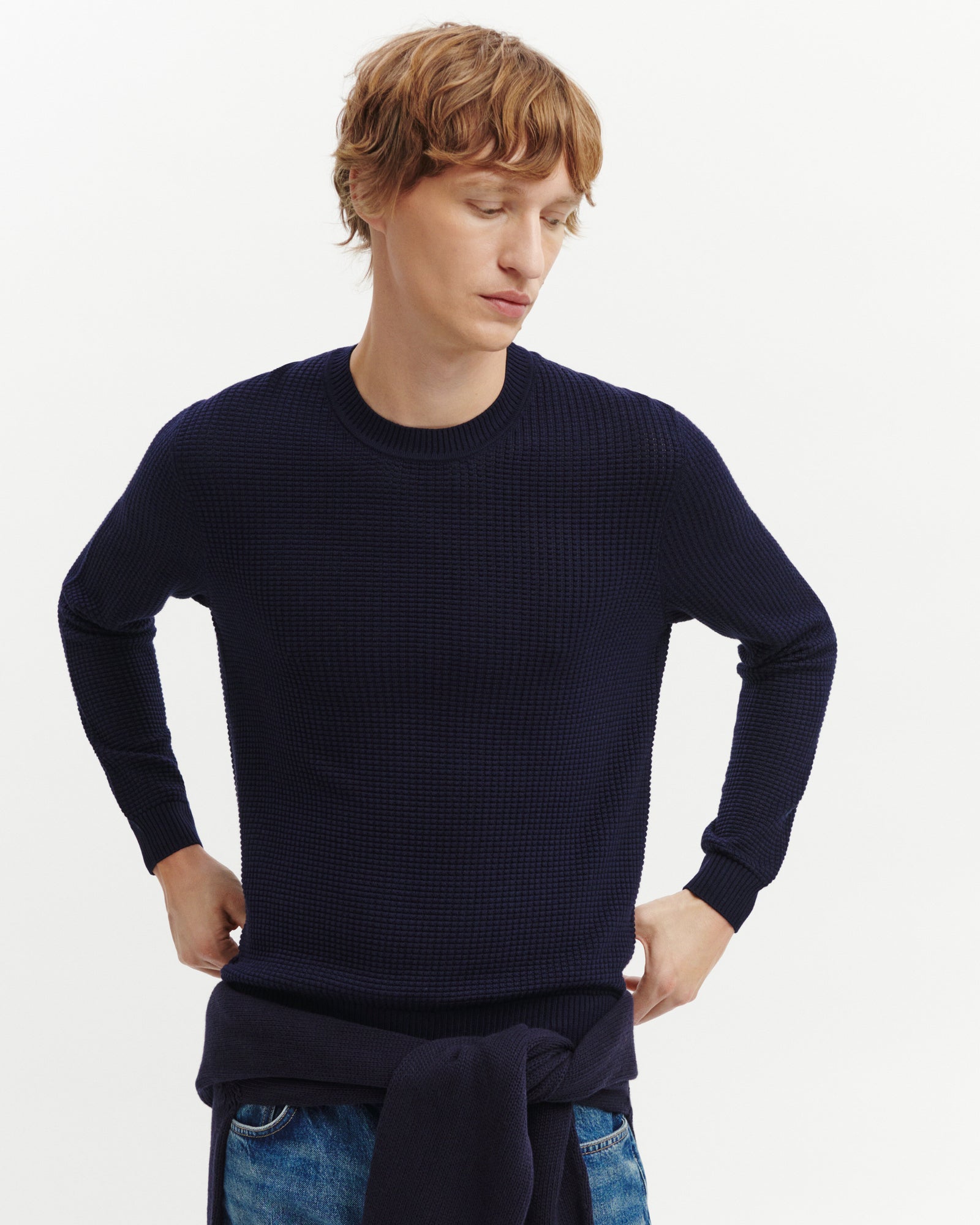 Col rond point gaufré-MARINE-50% soie 50% pima coton