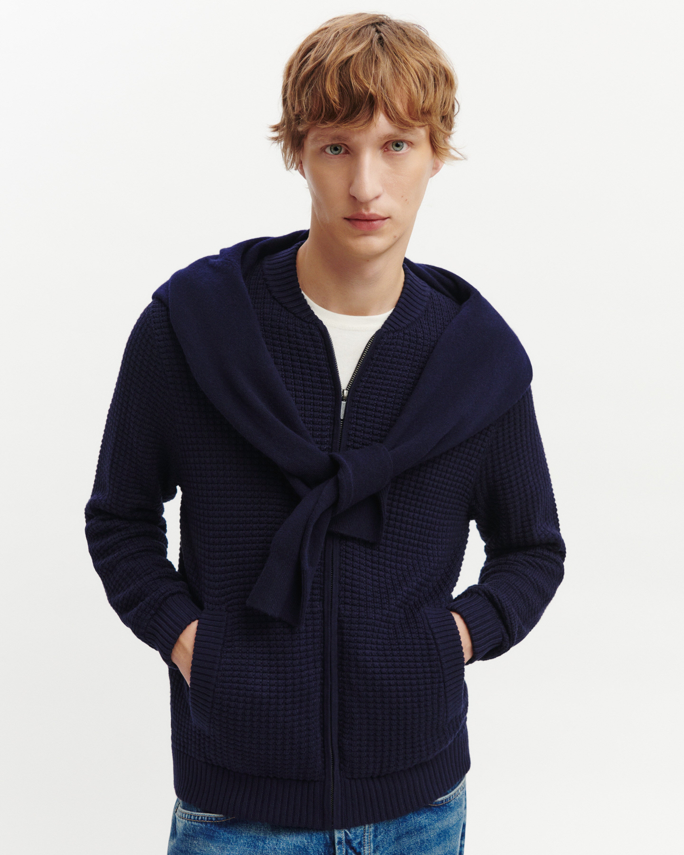 Gilet zippé point gaufré-MARINE-50% soie 50% pima coton