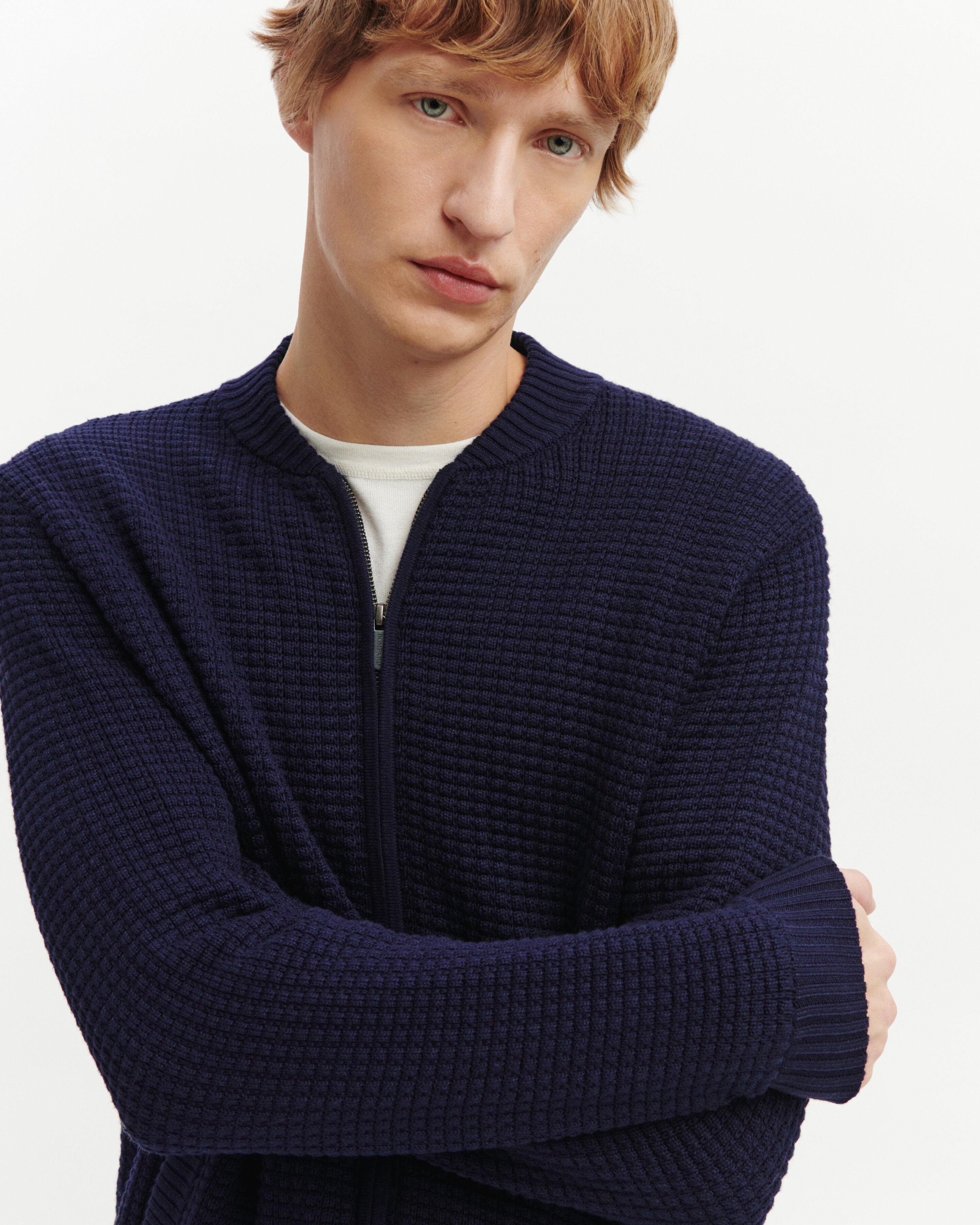 Gilet zippé point gaufré-MARINE-50% soie 50% pima coton