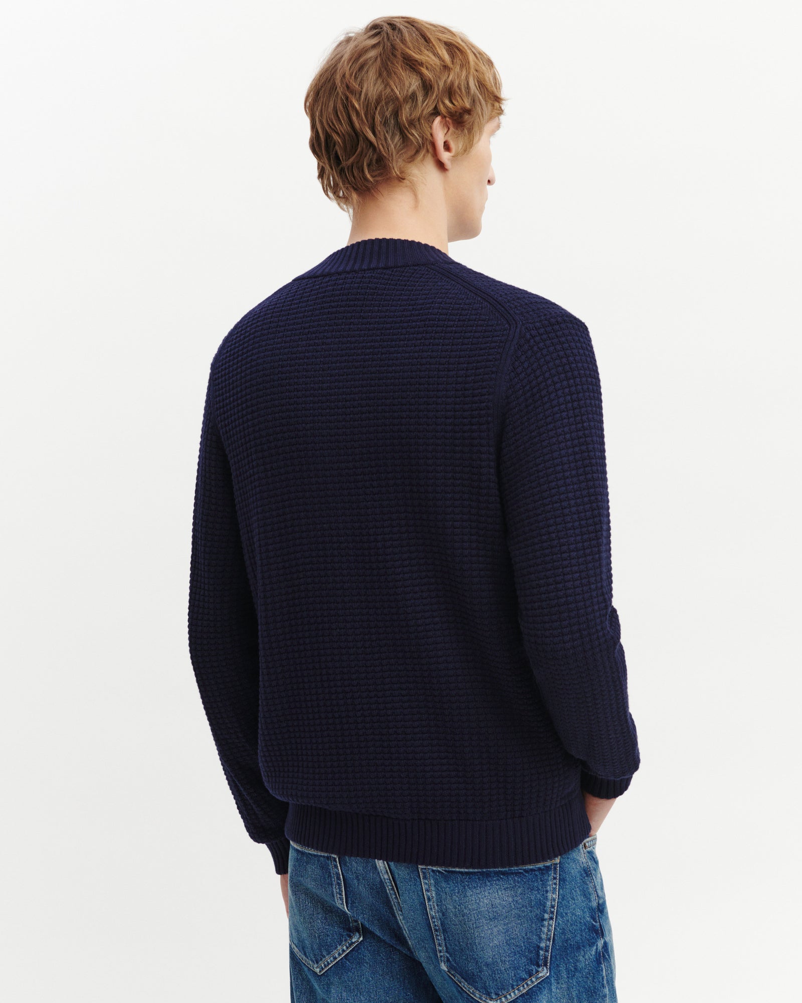 Gilet zippé point gaufré-MARINE-50% soie 50% pima coton