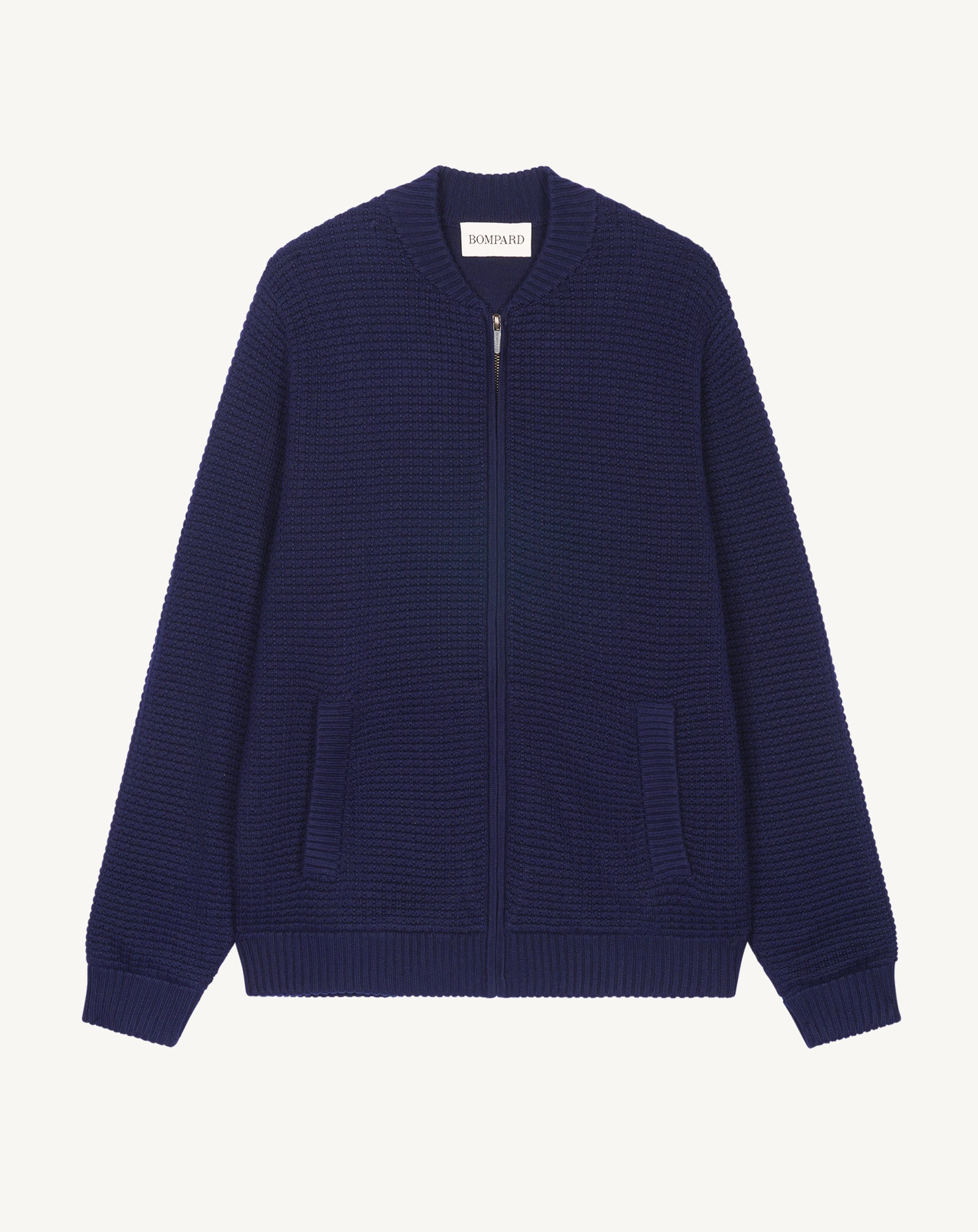 Gilet zippé point gaufré-MARINE-50% soie 50% pima coton