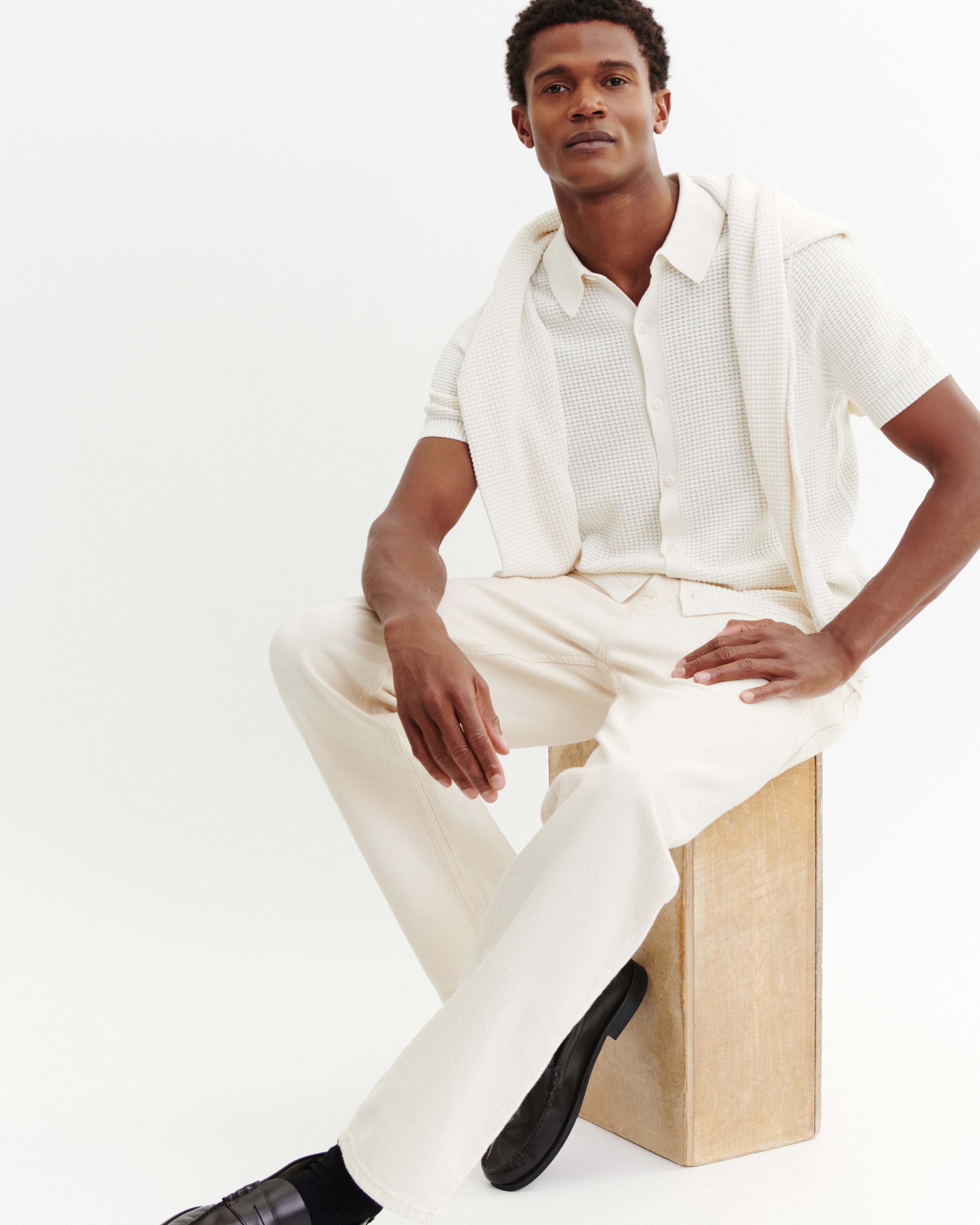 Polo boutonné point gaufré-NATUREL-50% soie 50% pima coton