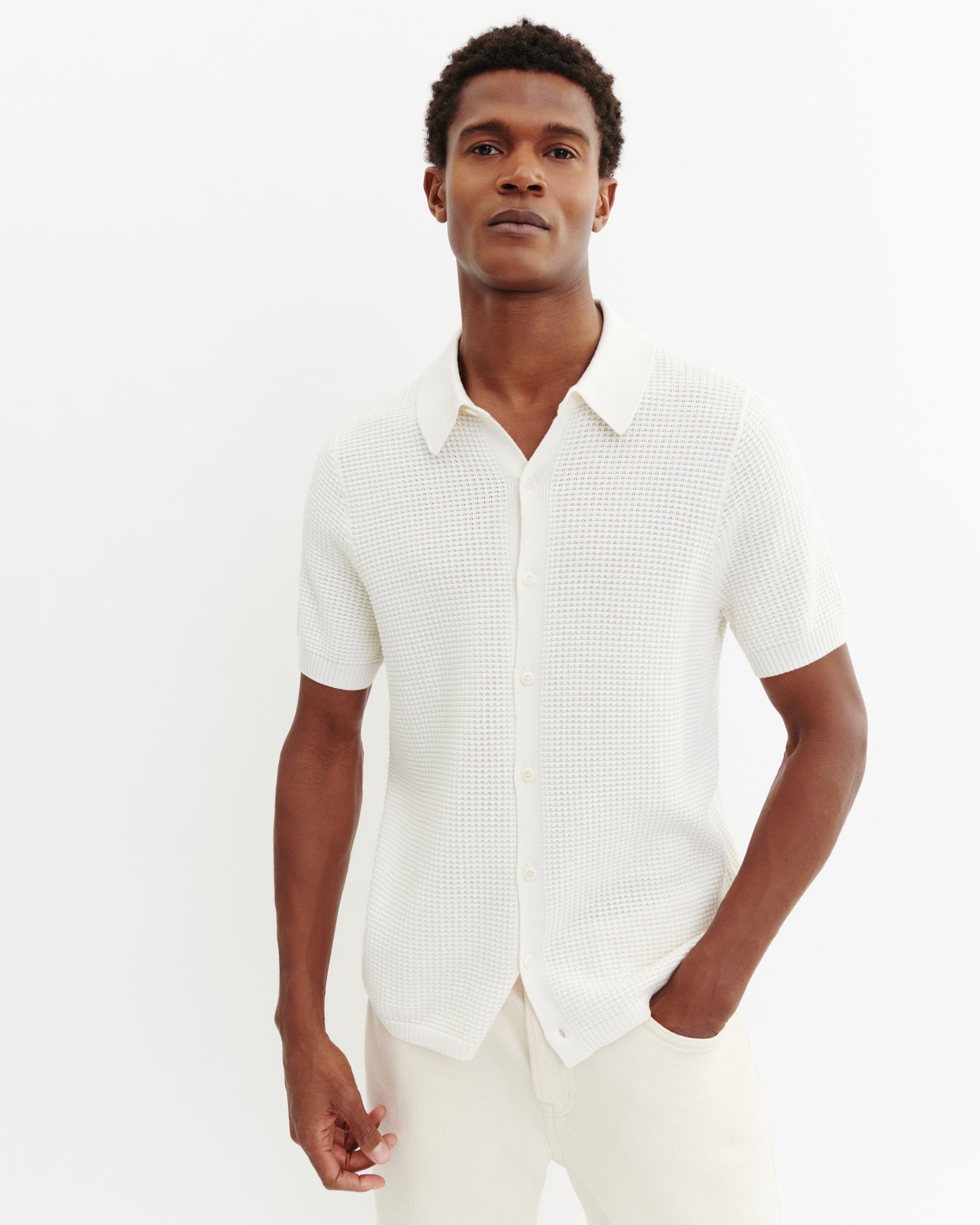 Polo boutonné point gaufré-NATUREL-50% soie 50% pima coton