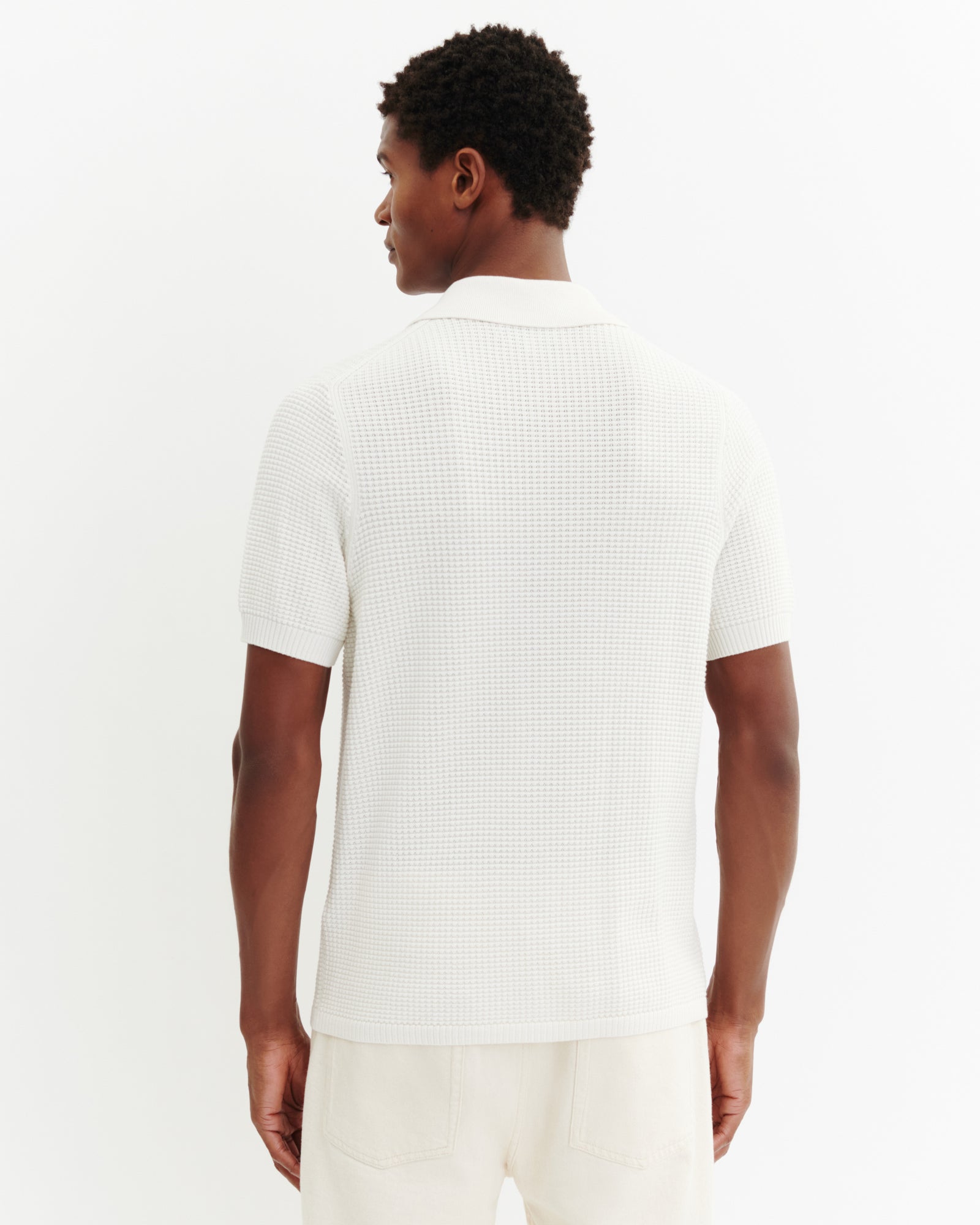 Polo boutonné point gaufré-NATUREL-50% soie 50% pima coton