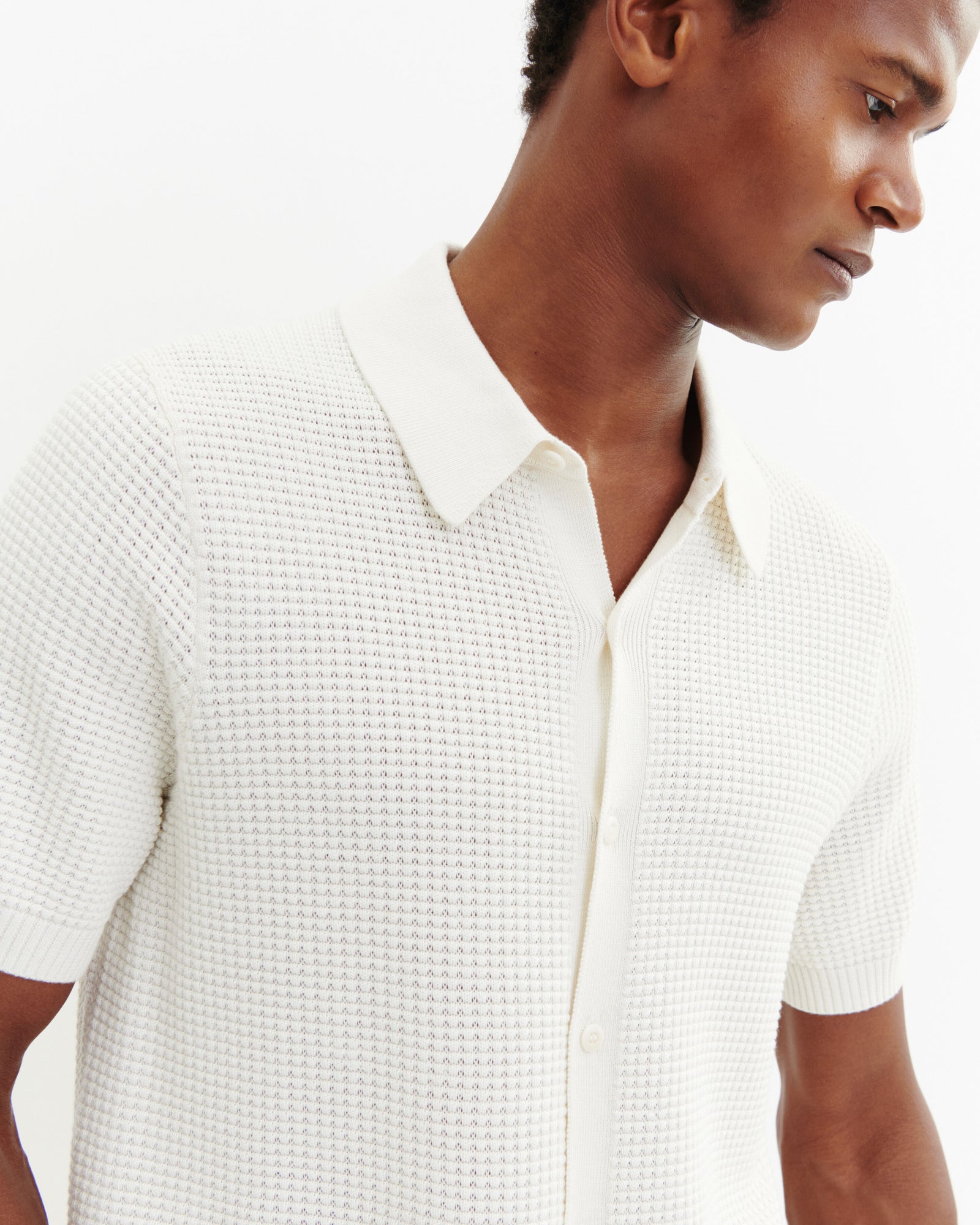 Polo boutonné point gaufré-NATUREL-50% soie 50% pima coton