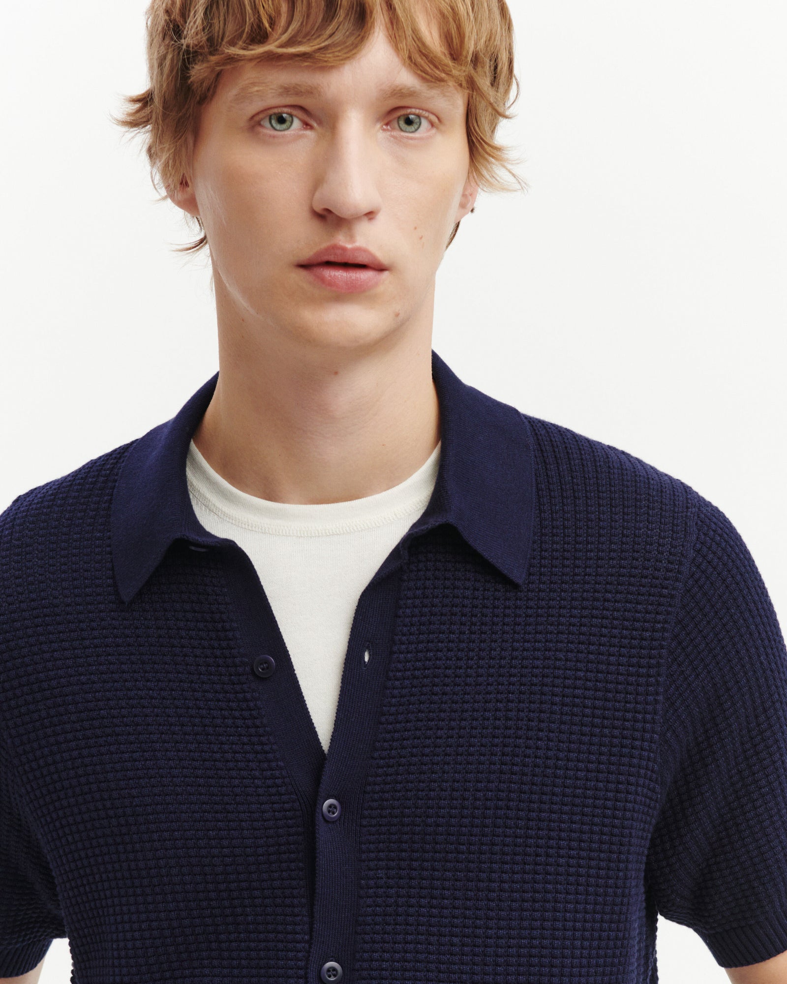 Polo boutonné point gaufré-MARINE-50% soie 50% pima coton
