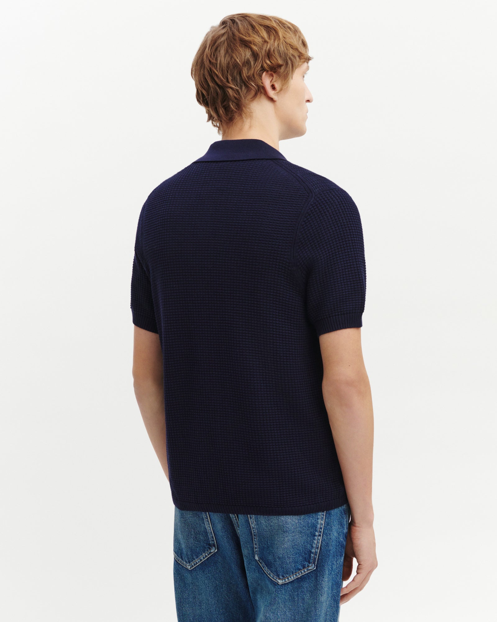 Polo boutonné point gaufré-MARINE-50% soie 50% pima coton