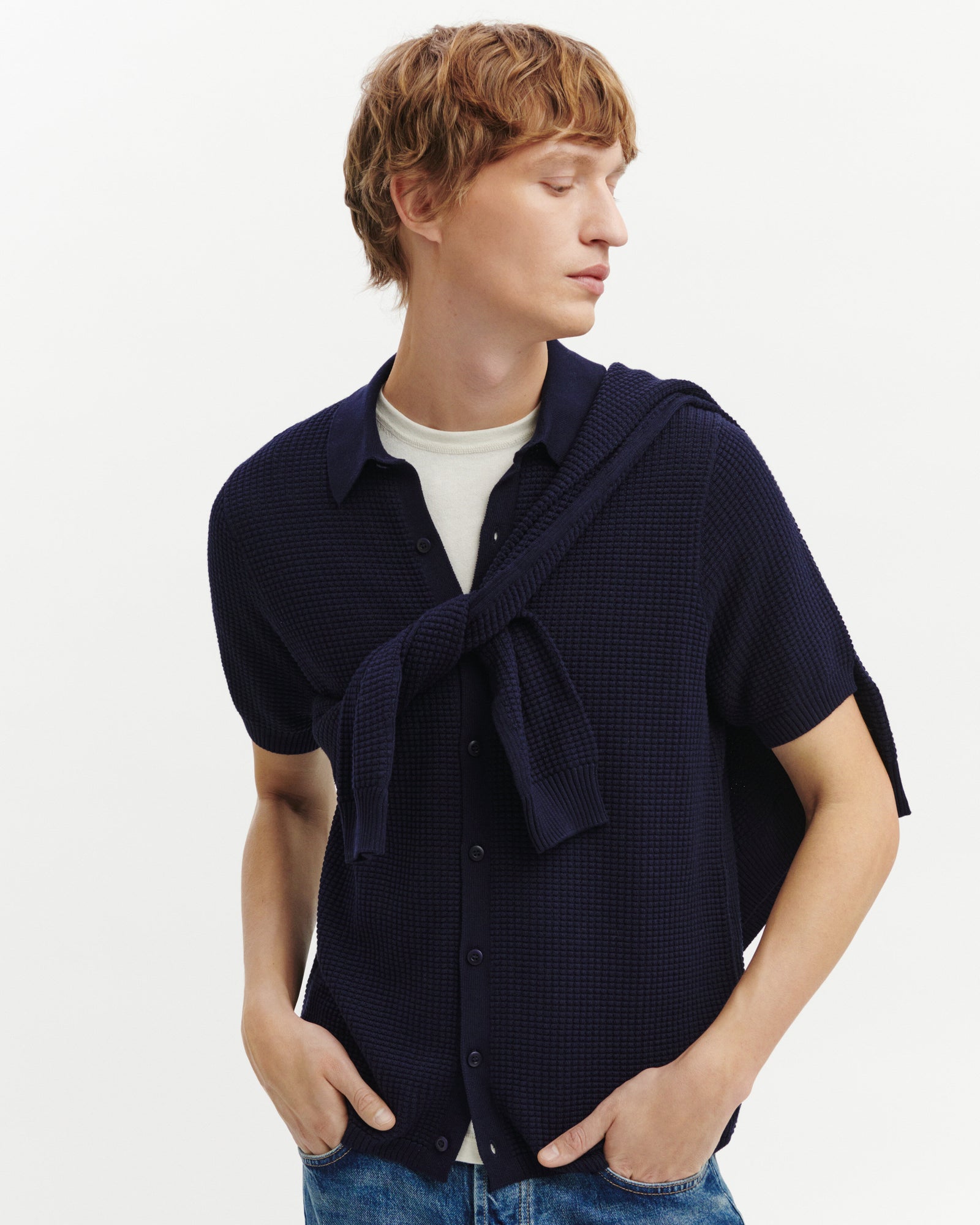 Polo boutonné point gaufré-MARINE-50% soie 50% pima coton