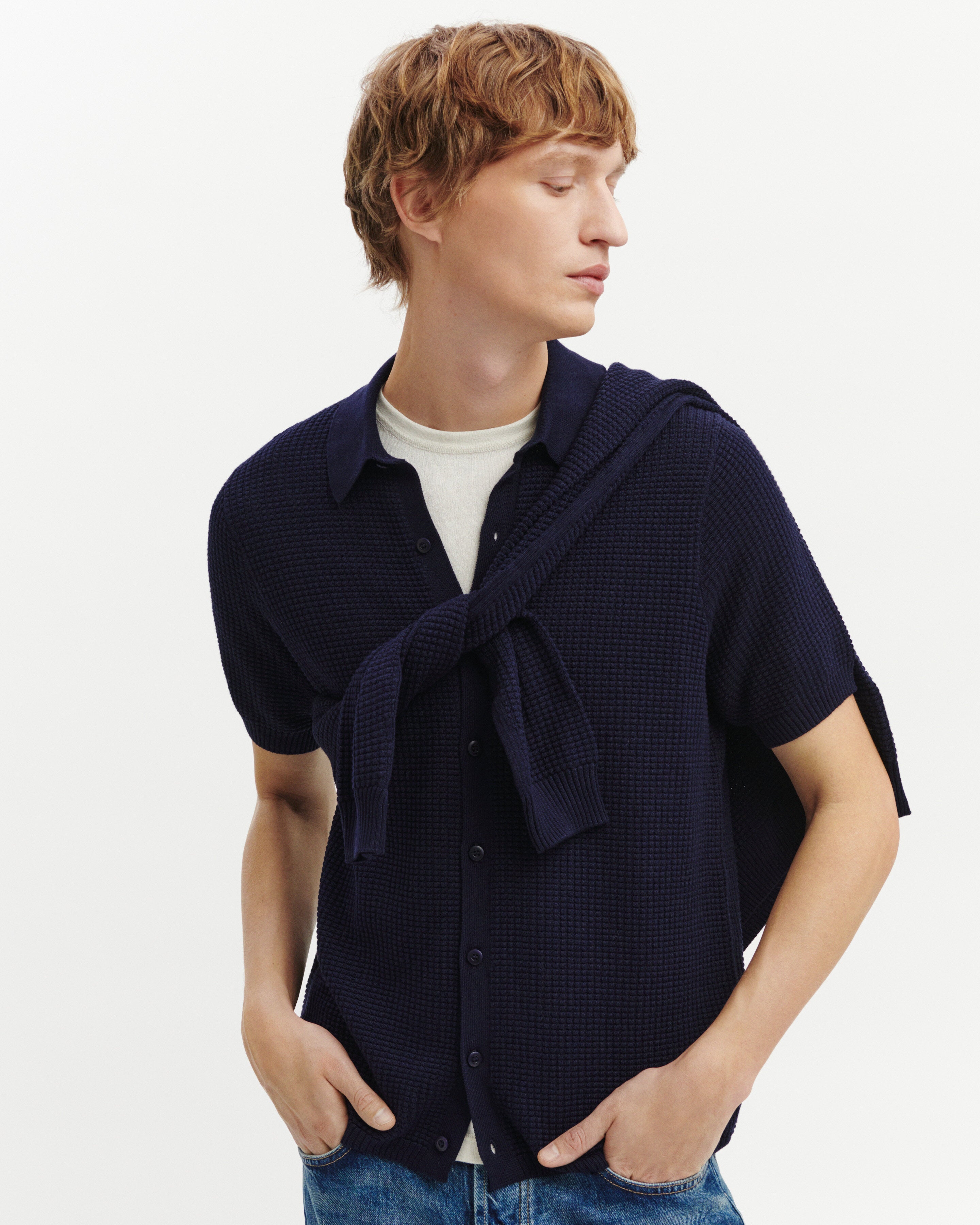 Polo boutonné point gaufré-MARINE-50% soie 50% pima coton