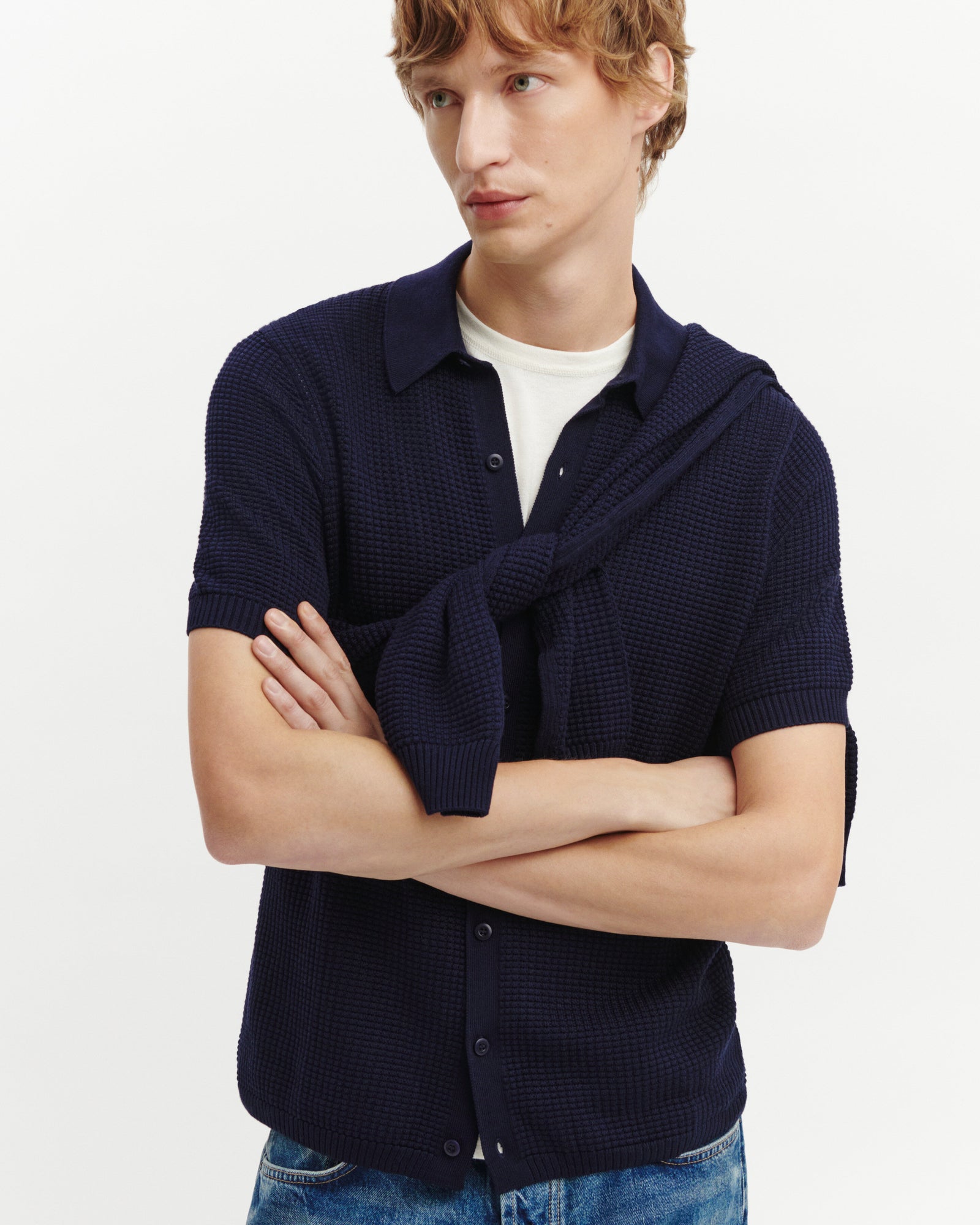 Polo boutonné point gaufré-MARINE-50% soie 50% pima coton