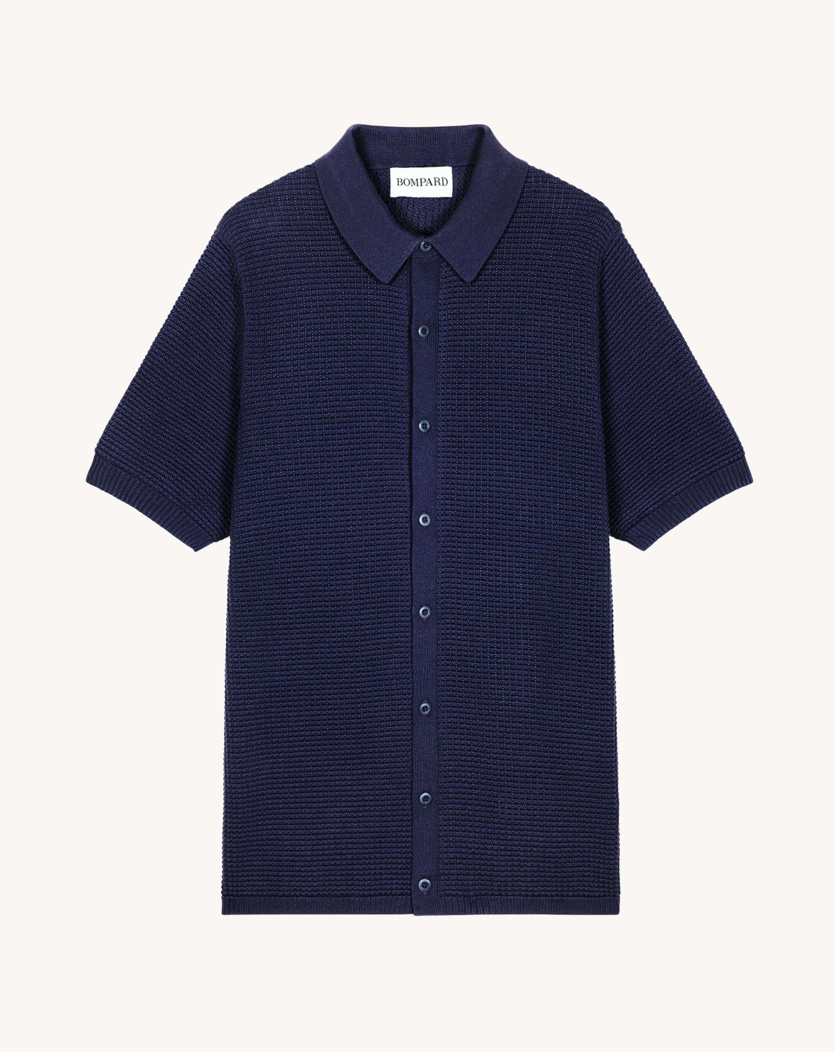 Polo boutonné point gaufré-MARINE-50% soie 50% pima coton