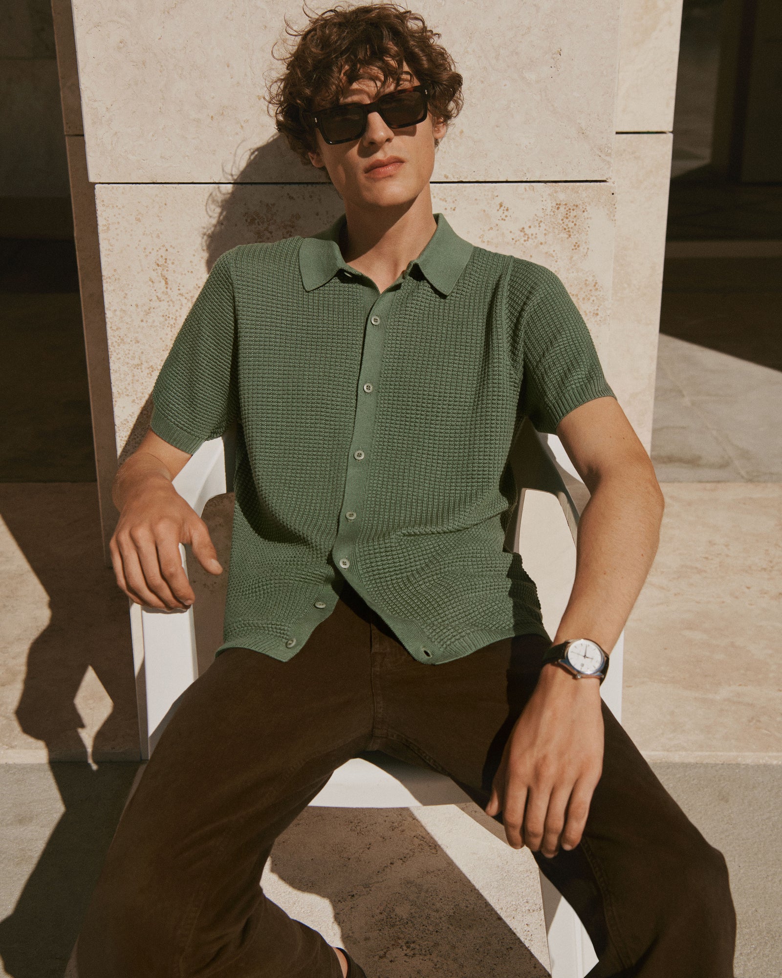 Polo boutonné point gaufré-JADE-50% soie 50% pima coton