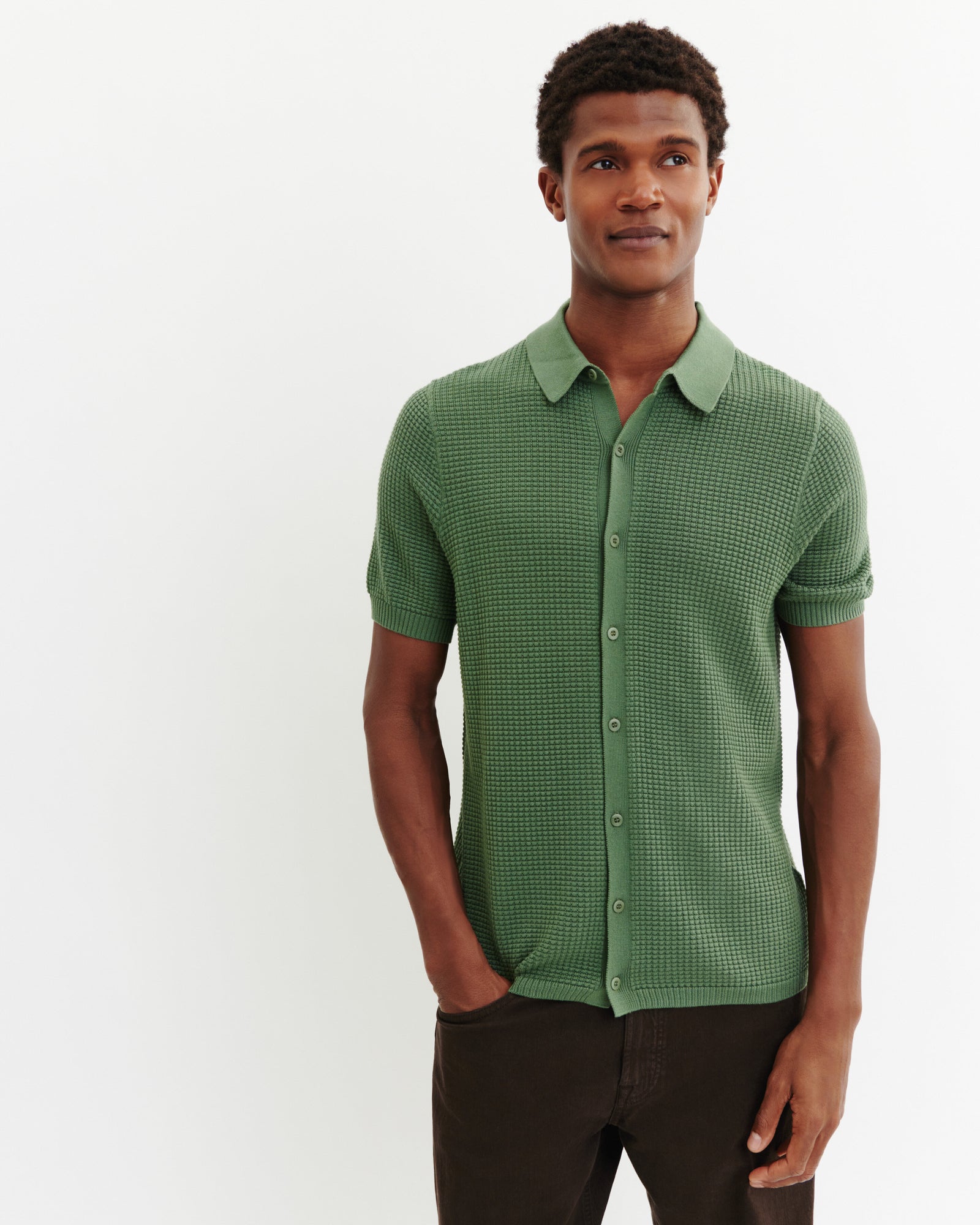Polo boutonné point gaufré-JADE-50% soie 50% pima coton