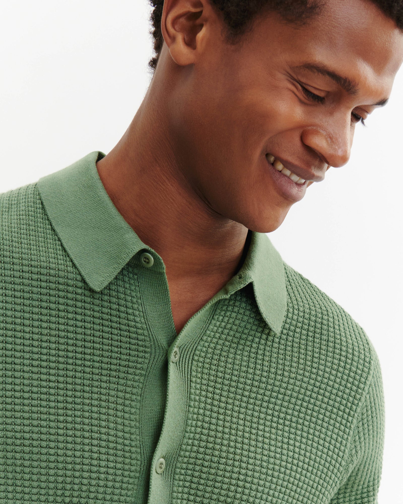 Polo boutonné point gaufré-JADE-50% soie 50% pima coton