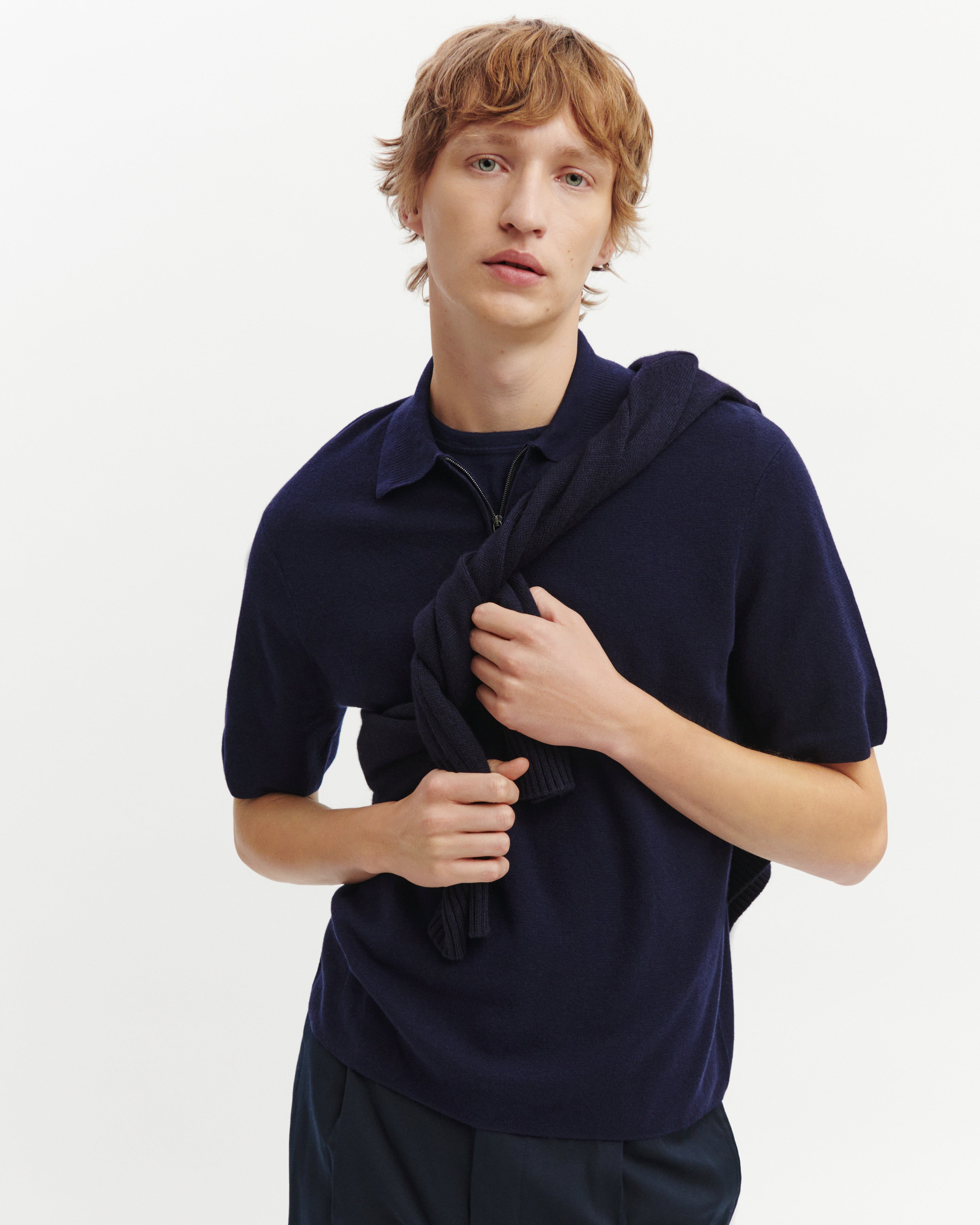 Polo zippé minimaliste-MARINE-70% coton 30% cachemire