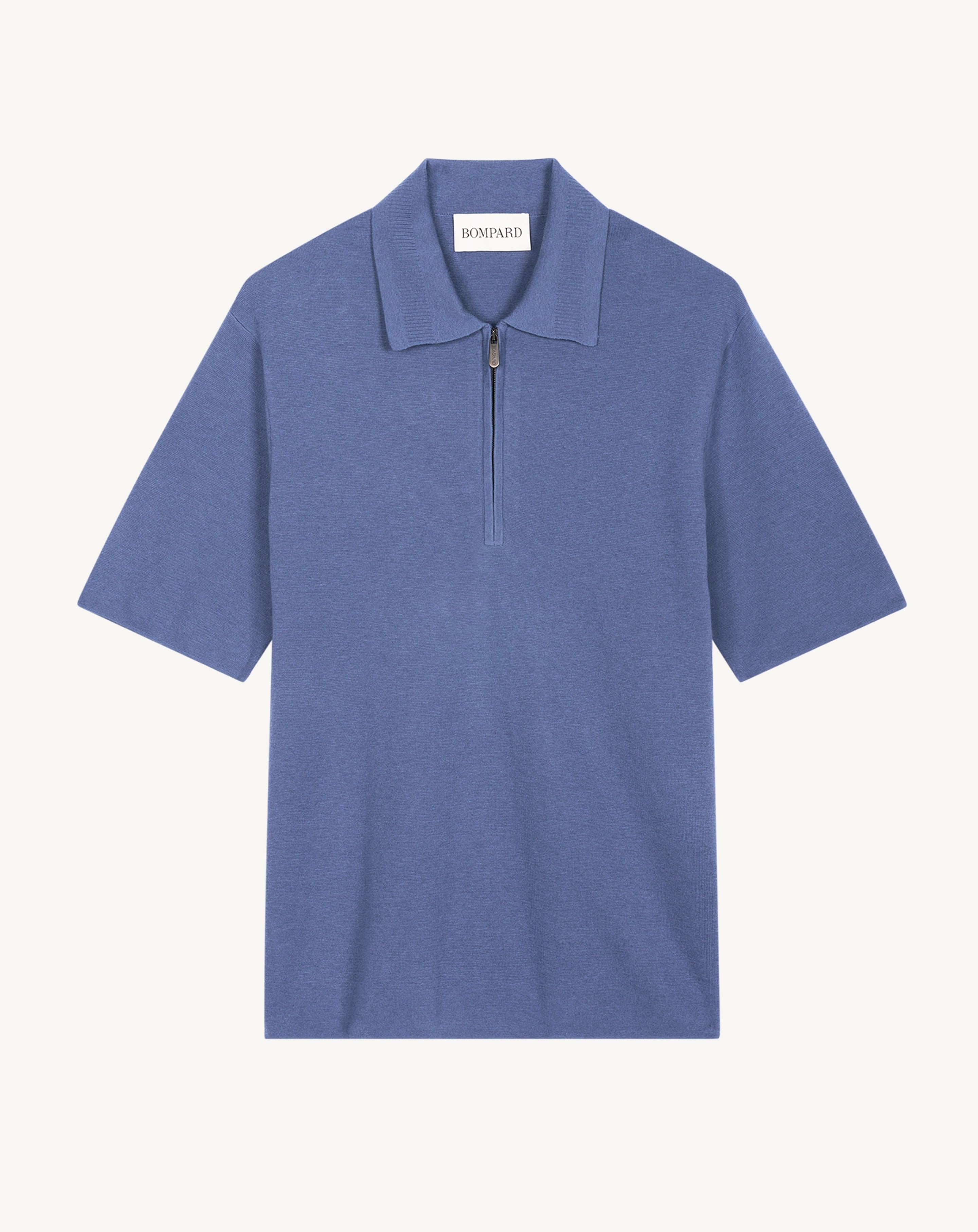 Polo zippé minimaliste-BLEU ATLAS-70% coton 30% cachemire