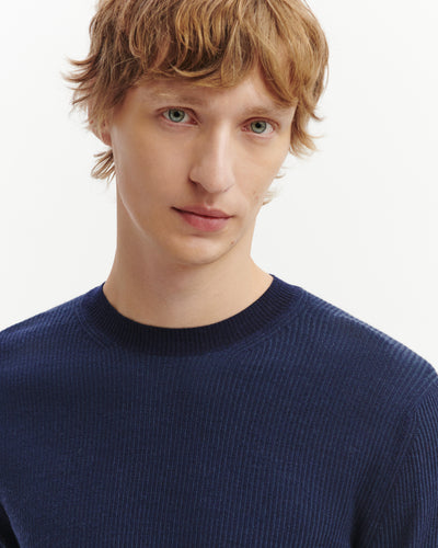 Col rond ultrafin à côtes-MARINE-95% laine 5% cachemire