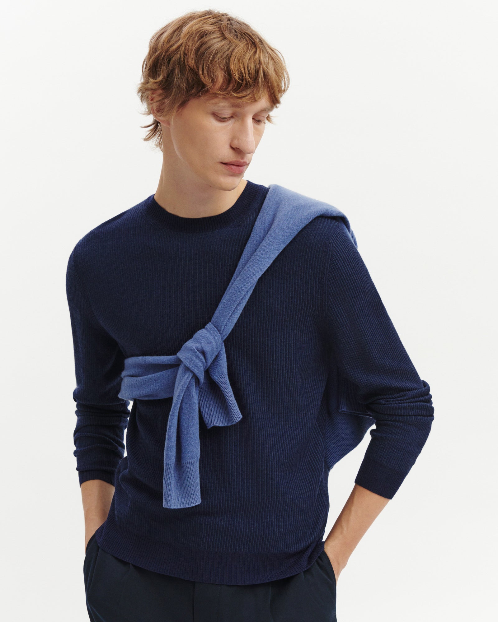 Col rond ultrafin à côtes-MARINE-95% laine 5% cachemire