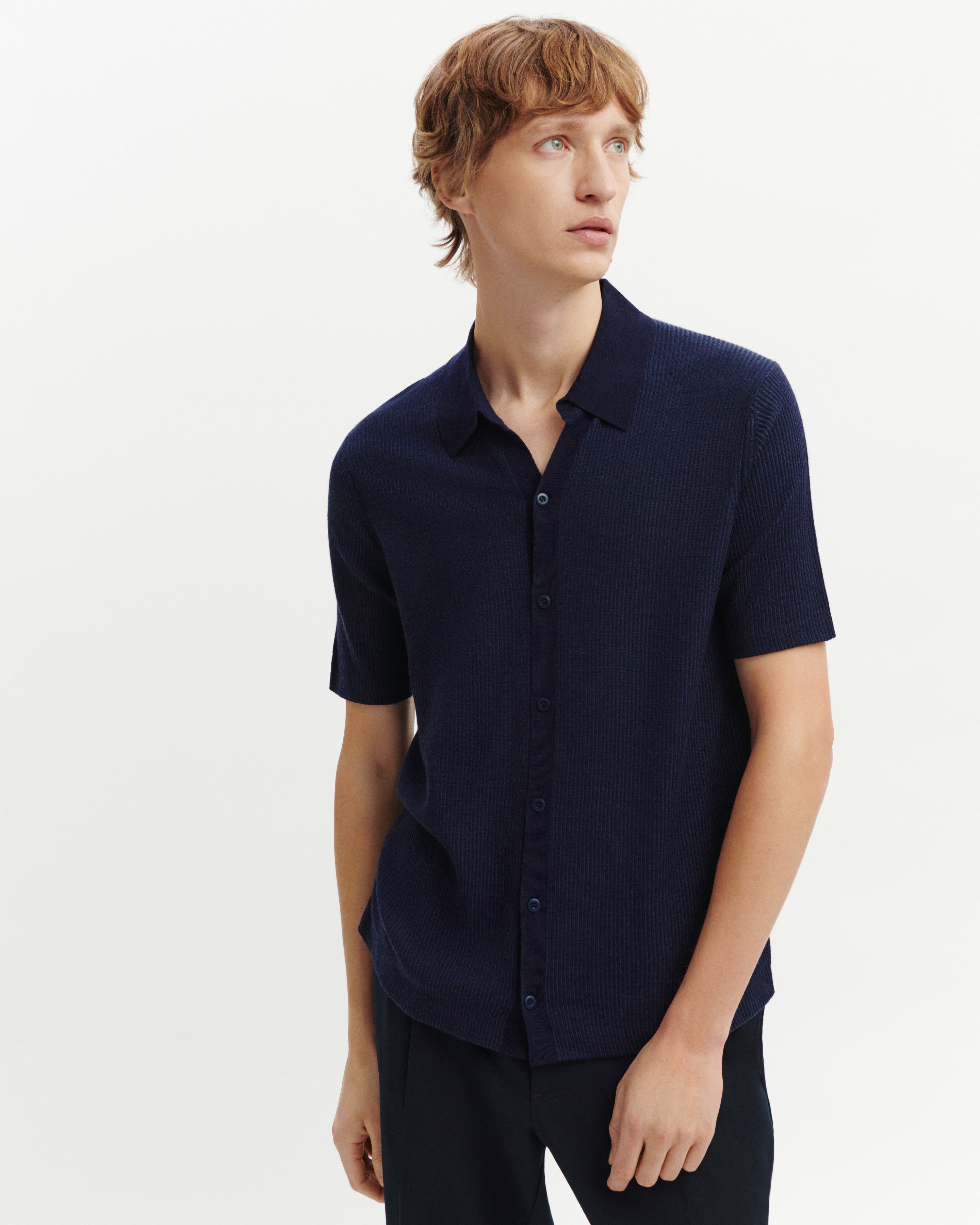 Polo boutonné ultrafin à côtes-MARINE-95% laine 5% cachemire