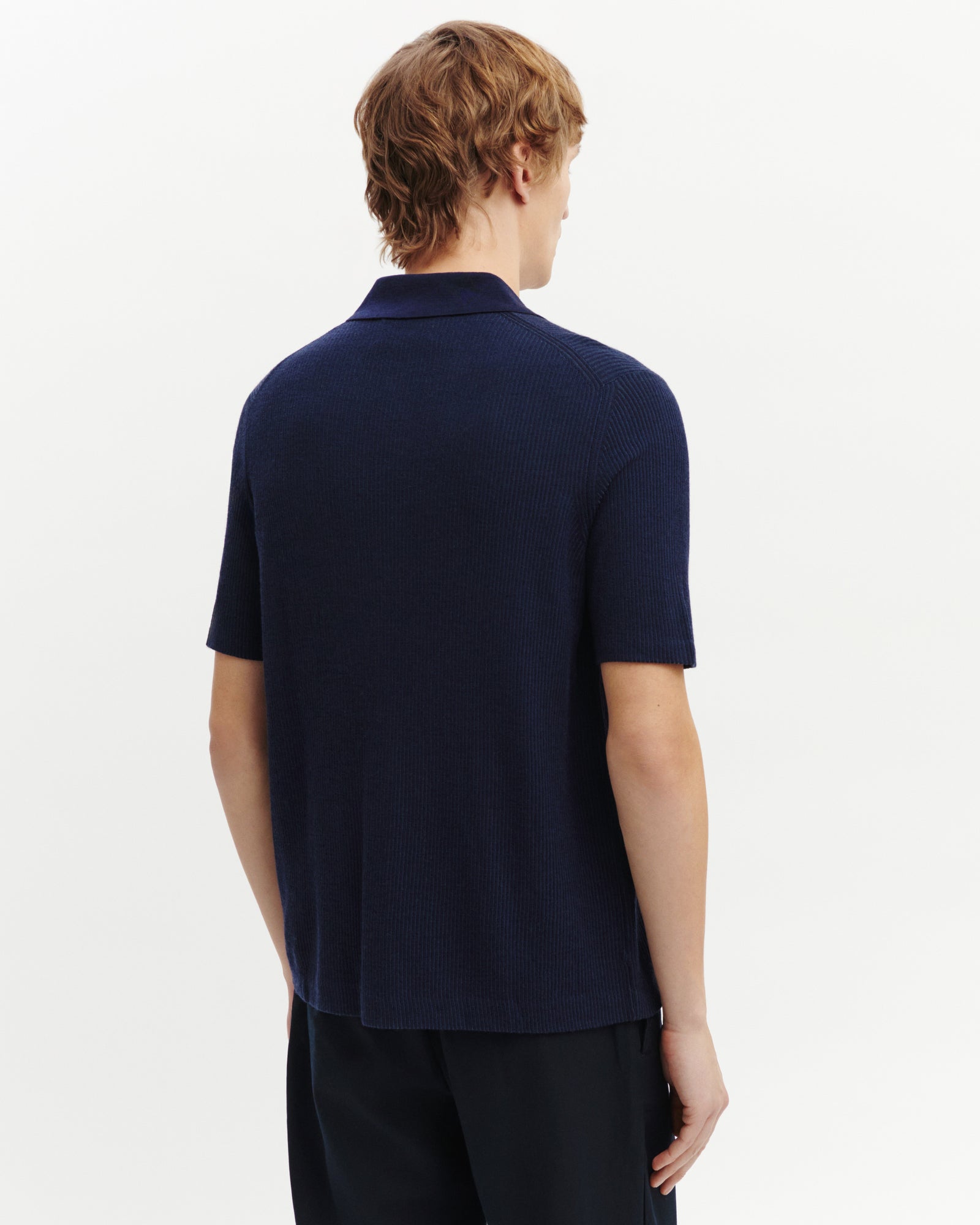 Polo boutonné ultrafin à côtes-MARINE-95% laine 5% cachemire
