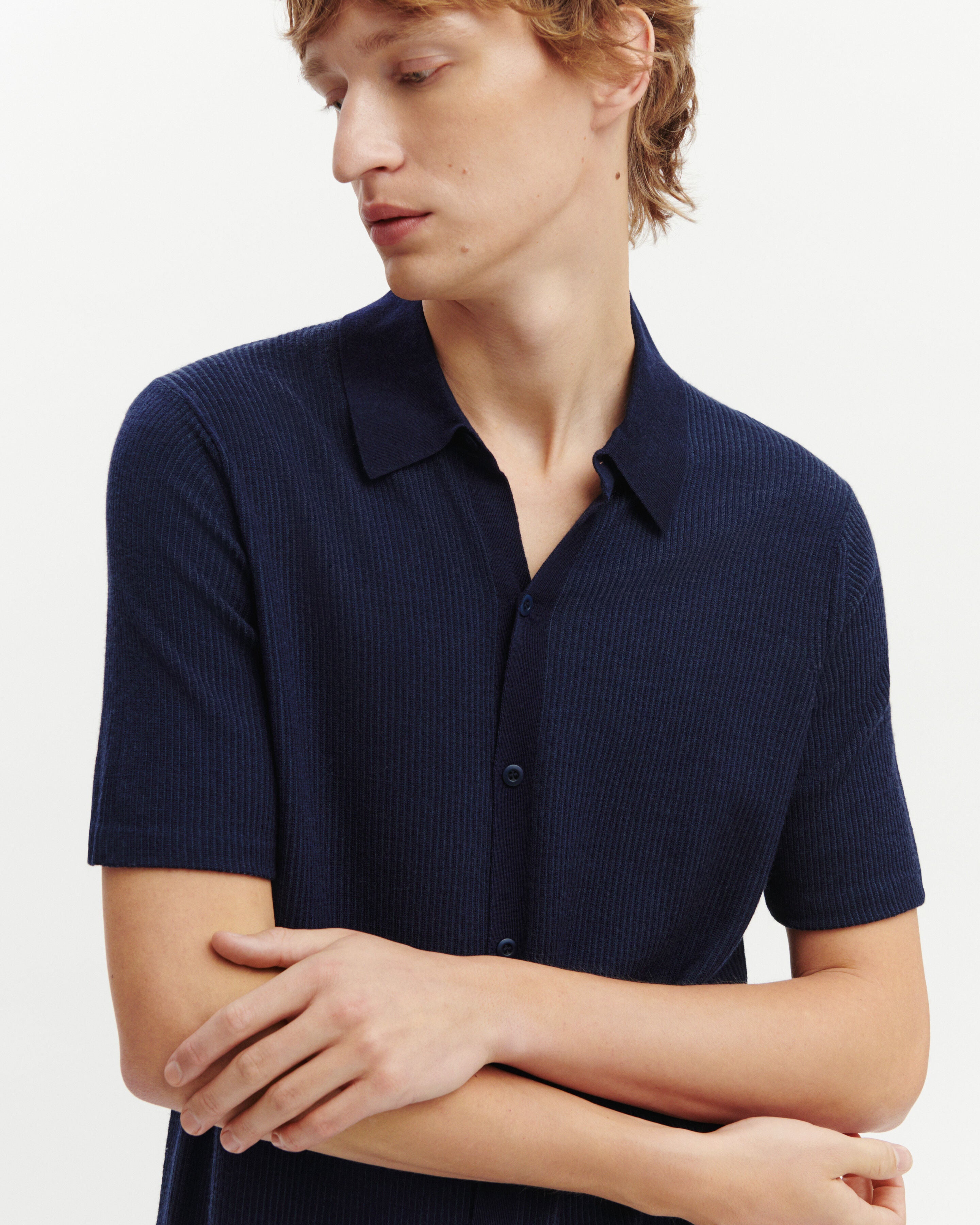 Polo boutonné ultrafin à côtes-MARINE-95% laine 5% cachemire