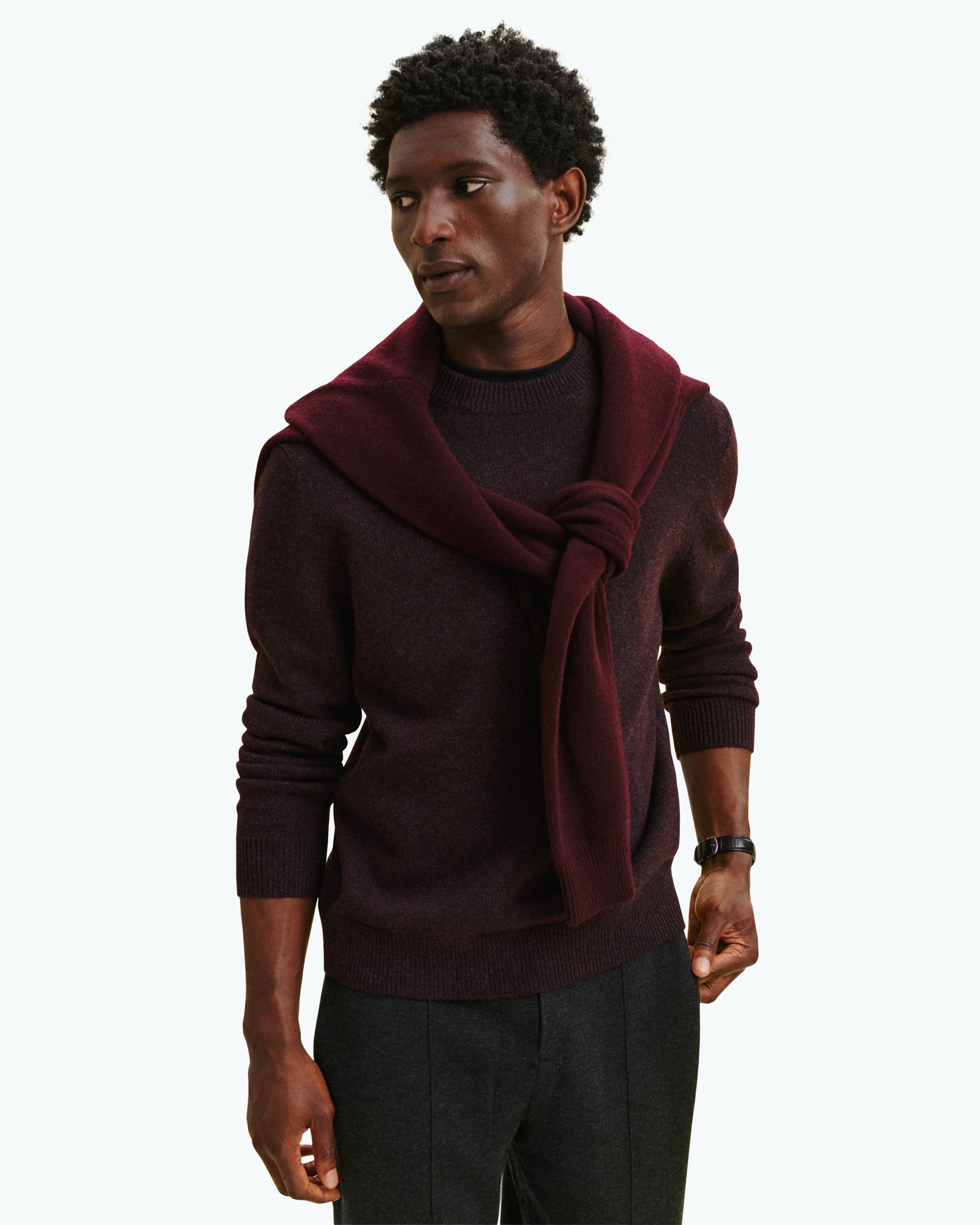 Pull col rond mouliné-GRENAT/CHARBON-100% cachemire