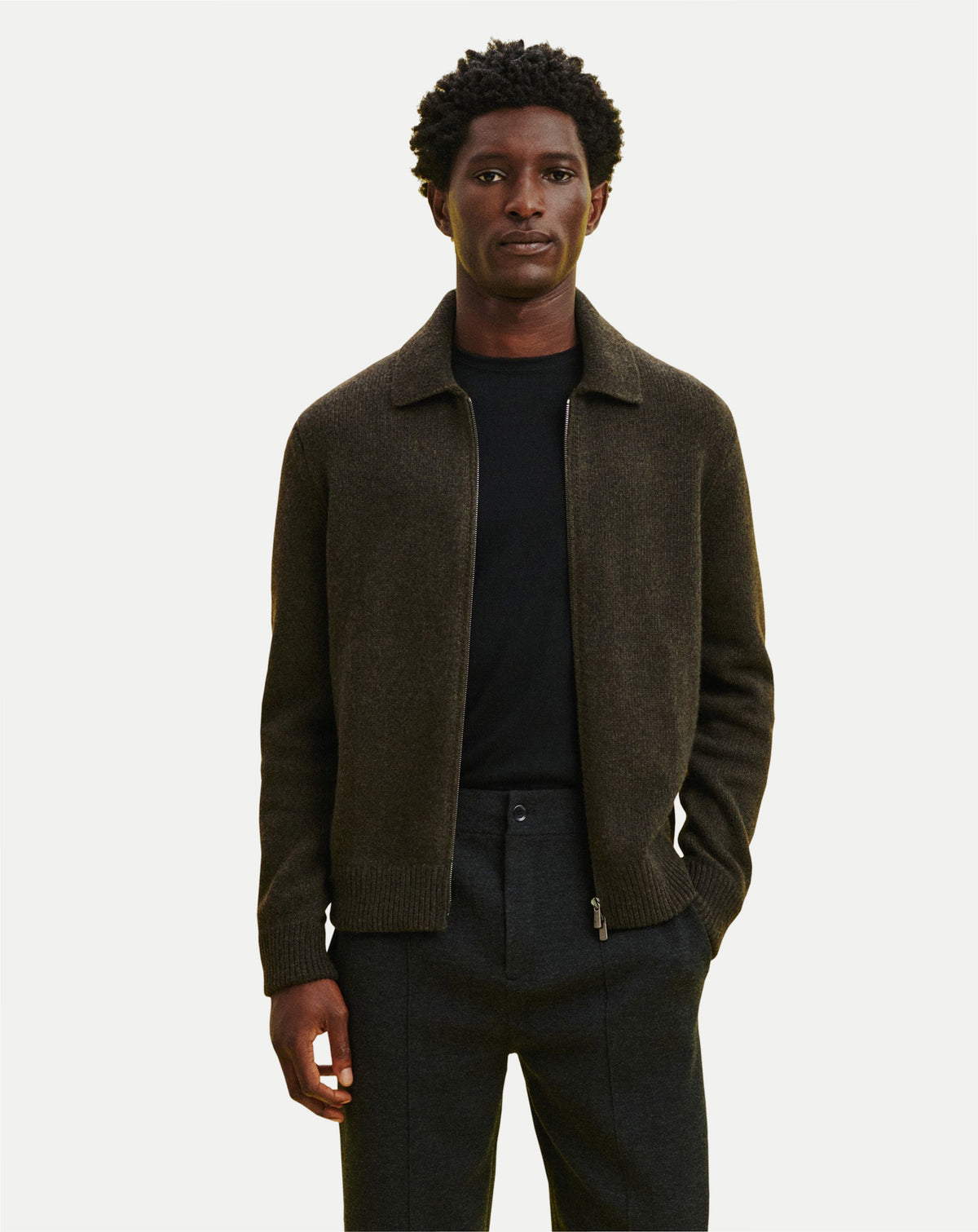 Veste zippée moulinée-CHARBON/KAKI KOMBU-100% cachemire