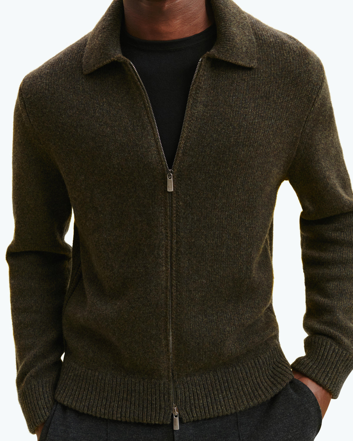 Veste zippée moulinée-CHARBON/KAKI KOMBU-100% cachemire