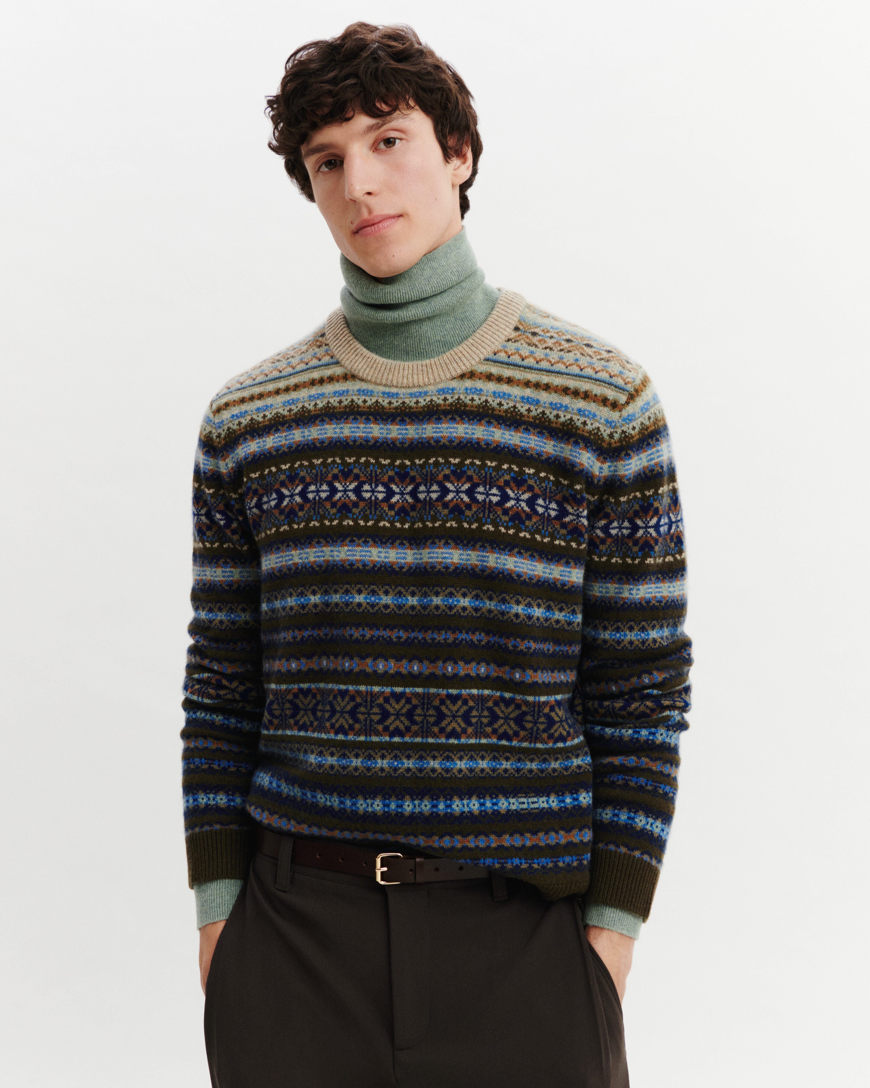 Pull col rond fairisle-ARGILE/KAKI KOMBU-100% cachemire